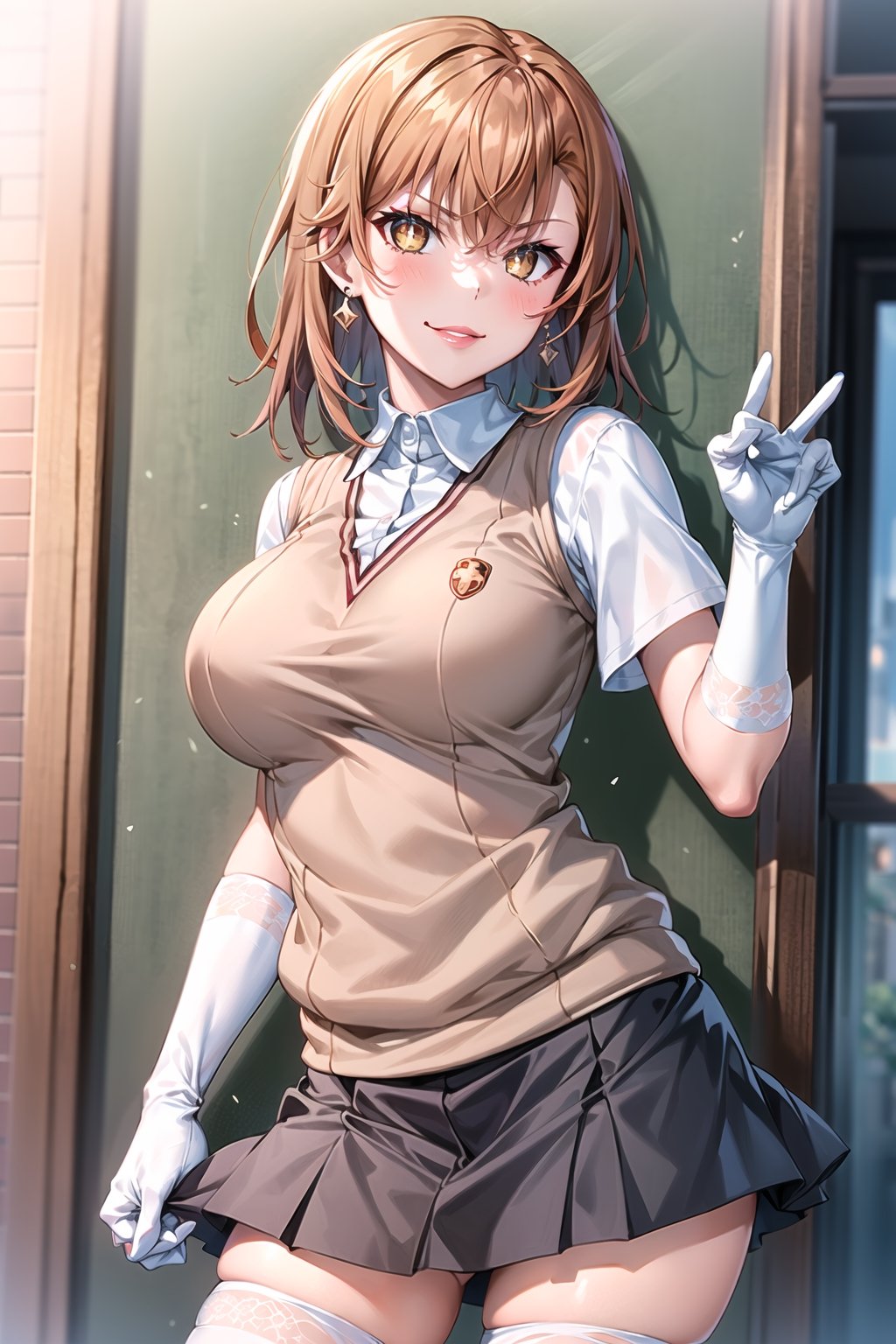 ((best quality)),  ((highly detailed)),  masterpiece,1girl, ((closed_mouth, sparkling_eyes, smug, shaded_face,evil smile)),(large breasts), tokiwadai school uniform, sweater vest, short sleeves, (](white gloves, elbow gloves)), pleated skirt, white thighhighs ,1girl, lips:1.3, red lips, makeup:1.3, ((gyaru)) ,jewelry, blush, earrings, looking at viewer, standing, cowboy shot, red hair, school, short hair, aamikoto ,hmmisaki,hypnoCollar,V-shaped eyebrows, 1girl, symbol-shaped pupils, +_+, 