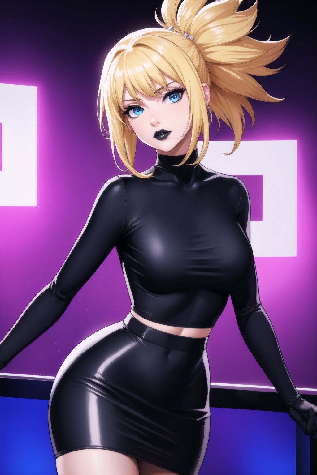 (best quality), (highly detailed), masterpiece, (official art),  kohaku, blonde hair, blue eyes, hair ornament, ponytail, solo,  lips:1.2, black lips:1.4, lipstick:1.2, skirt, black turtleneck shirt, black shirt, latex:1.2, gloves, pencil_skirt, shirt, black gloves, standing, looking at viewer, breasts, black skirt, looking at viewer, (/nightclub scene, neon lights), , club, (nigth club), ,hd quality, perfect face ,realistic, realistic body , perfect face sync,night club,StandingAtAttention,marinette,night club,b1mb0, 