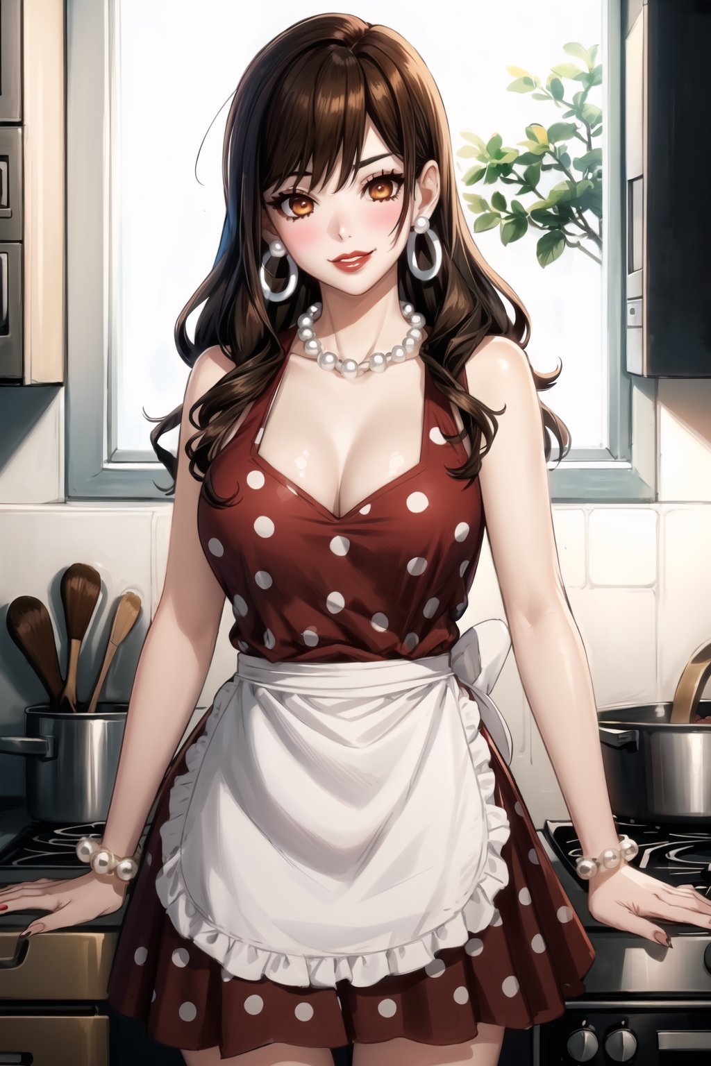((best quality)),  ((highly detailed)),  masterpiece,1girl, 1girl,  evil smile:1.2, smug, seductive smile, solo,   (Stepford),lips, makeup, lipstick,red lips, (pose:1.3),(polka dot:1.4), (polka dot dress:1.4),(pearl necklace:1.2), pearl bracelet, bare shoulders,(red dress:1.2),(aroused), blush ,standing,  (large pearl necklace), (hoop earrings:1.2),  (apron), blush,cowboy shot, fingernails, kitchen, cooking, indoors, house, windows, cortain, food, hori kyouko, brown hair, orange eyes