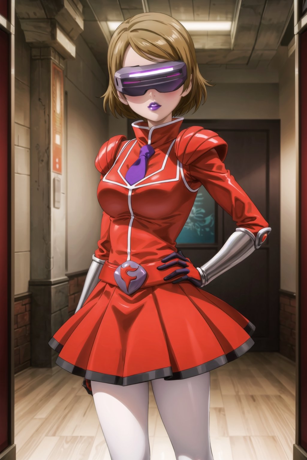 (best quality), (highly detailed), masterpiece, (official art),hanayo koizumi, brown hair, short hair, mature_female, 1girl, solo, ((head-mounted display)), ((purple lips:1.2)), (team flare:1.2),  gloves,((armor, juliet_sleeves:1.2)), long_sleeves , pleated skirt,  necktie, red dress, belt, red dress, (pantyhose, red footwear1.2), (lips:1.2), ((arms at sides)),, cowboy shot, looking at viewer, indoors, blurry background,depth of field, best quality, masterpiece, intricate details, tonemapping, sharp focus, hyper detailed, trending on Artstation, hand on hip