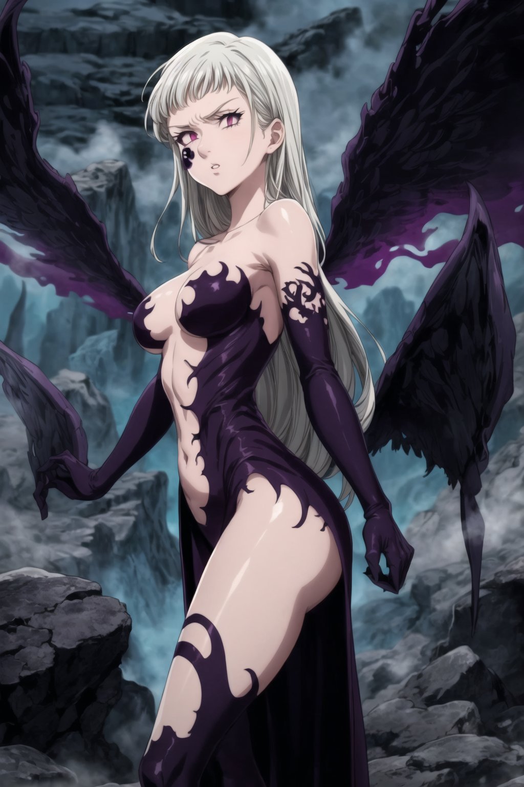 monochrome,greyscale,(tattoo,facial mark,aura,glowing,bodypaint,smoke,dark aura:1.2),1girl,long hair,medium breasts,black hair,angry,purple eyes,wings,claws,looking at viewer,nude,censored,armor,convenient censoring,Elizabeth, black hair, lips, ruler of hell, stands as a malevolent dictator, her long hair flowing like darkness itself, gradient from white to dark, framing her cold gaze. Her elaborate gown, adorned with sinister symbols and glowing red accents, reflects her dominance and cruelty. The background features a hellish landscape: rivers of lava, jagged rocks, tormented souls, and dark clouds with lightning. Eerie, red and black glows illuminate the scene, capturing the dark and oppressive atmosphere of her dominion.