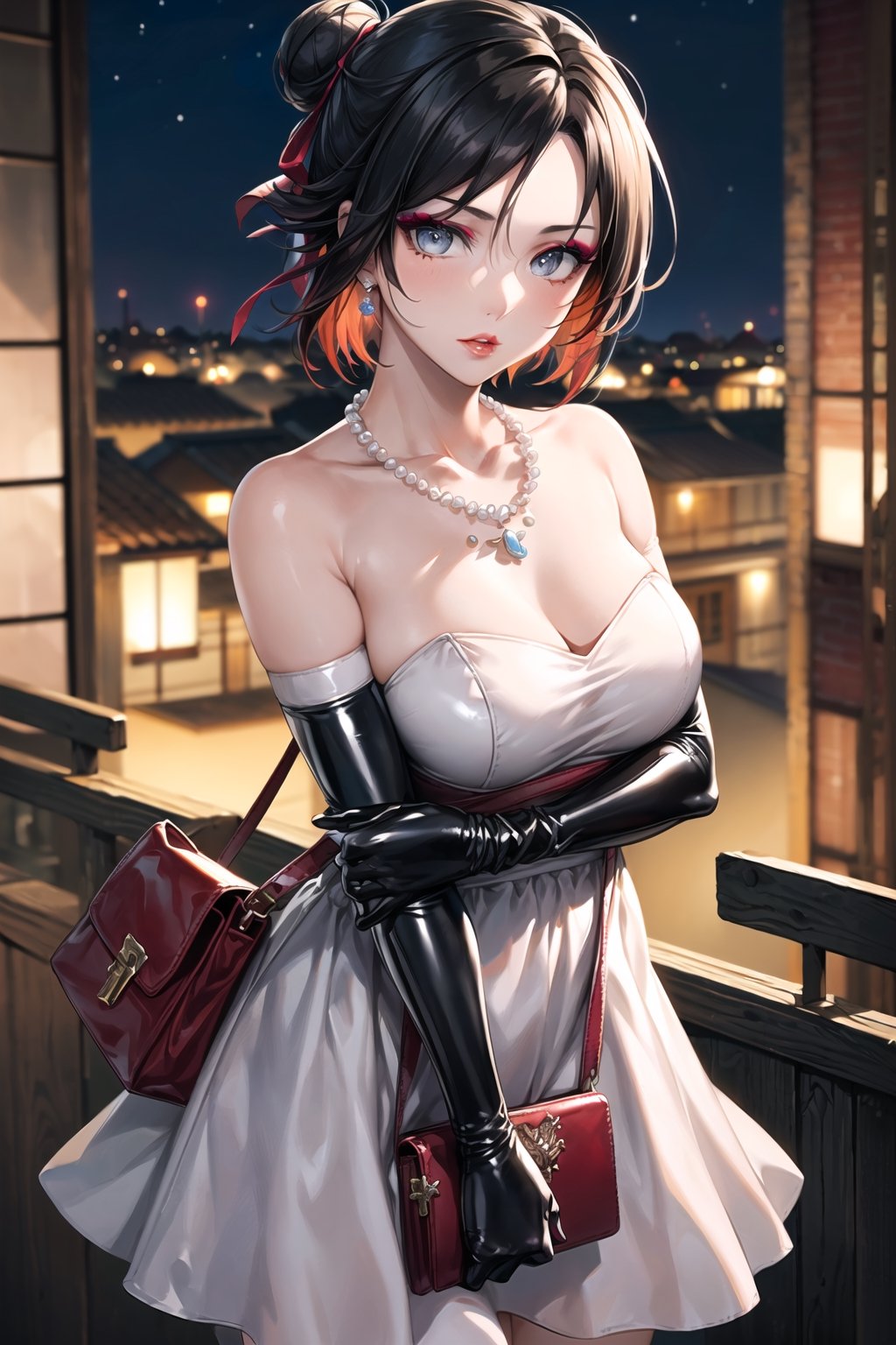 (best quality), (highly detailed), masterpiece, (official art), ,(ruby rose:1.2, hair bun:1.3), (makeup:1.5), (lips:1.3), parted_lips, blue earrings:1.3,jewelery:1.3,((long sleeves,  elbow gloves:1.2,dress, ribbon, collarbone, white dress:1.3,  pearl necklace:1.3, holding, holding bag, v arms:1.3, latex:1.2)), looking at viewer, china, asiática, city, night, sky,  (intricately detailed, hyperdetailed), blurry background,depth of field, best quality, masterpiece, intricate details, tonemapping, sharp focus, hyper detailed, trending on Artstation,1 girl, high res, official art,StandingAtAttention,bestiality