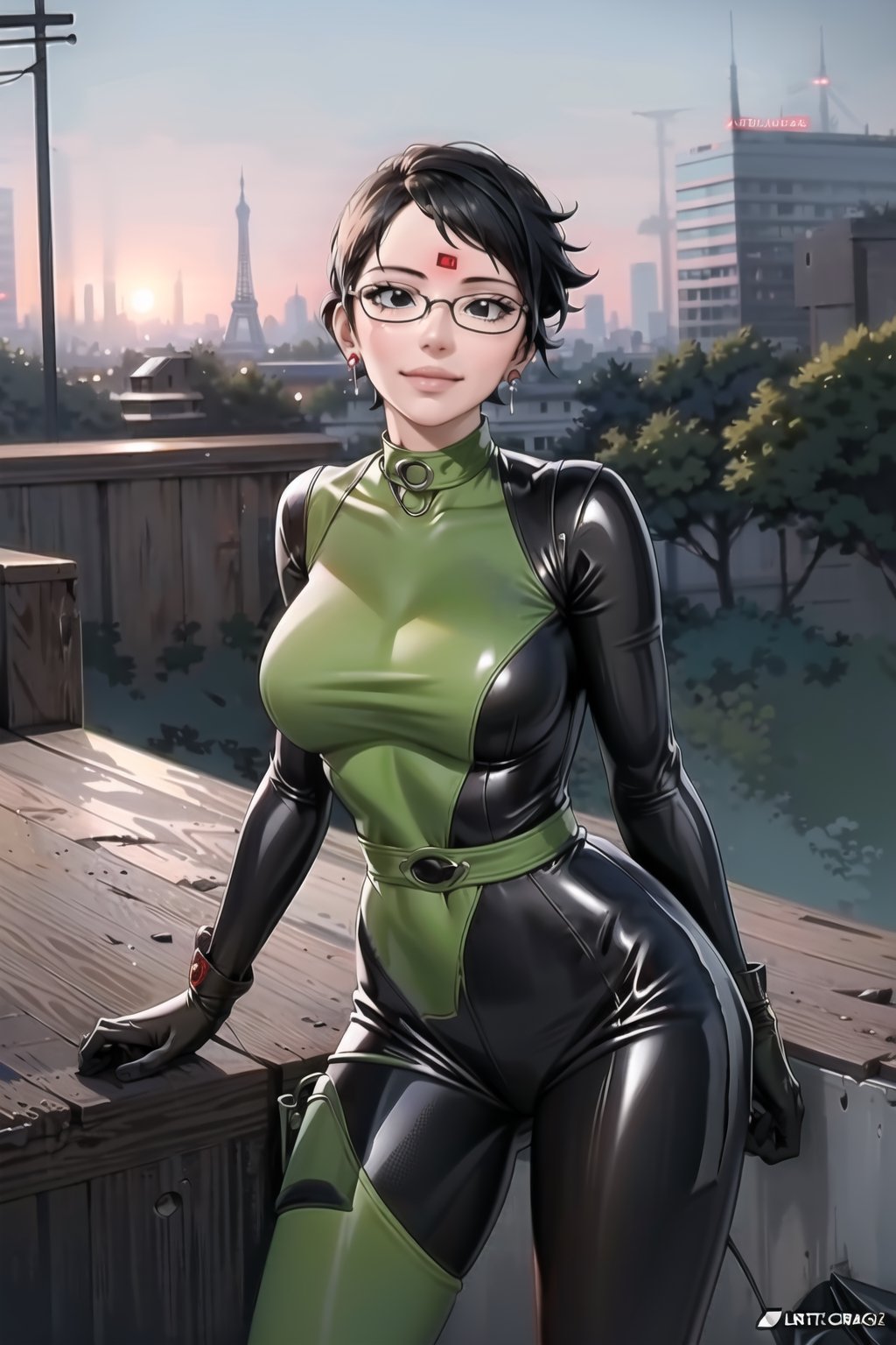 ((best quality)),  ((highly detailed)),  masterpiece,  ((official art)),  sarada, black eyes, glasses, collar, earrings, jewelery, (microchip), cyberpunk, paris, ruin, water drop, (shegosuit), green bodysuit, latex ,smile, lips, pose, cowboy_shot, scenery, intricately detailed,  hyperdetailed,  blurry background, depth of field,  best quality,  masterpiece,  intricate details,  tonemapping,  sharp focus,  hyper detailed,  trending on Artstation, 1 girl,  high res,  official art