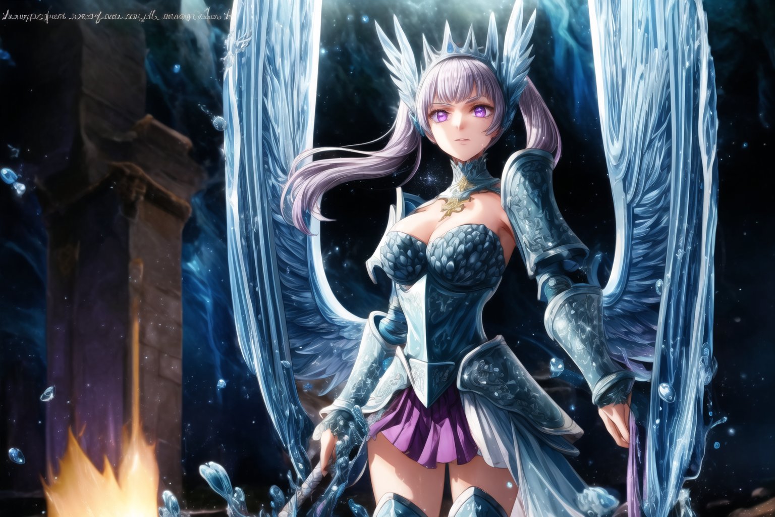 GFX wallpaper featuring Noelle Silva as a Valkyrie, with twintailed silver hair and shimmering water armor that appears both solid and liquid. The scene is illuminated by a radiant sword in her hand, casting light across the battlefield. Her wings, crafted from water, sparkle as if catching the light of a distant sun, and her purple eyes glow intensely. Water splashes around her armor, and energy beams shoot through the background. Her armored dress is detailed with intricate runes and silver accents, all glimmering as if imbued with magic. The background shows crashing waves, with water particles frozen mid-air, glowing in vibrant blue, violet, and white hues.,DonMRun3Bl4d3