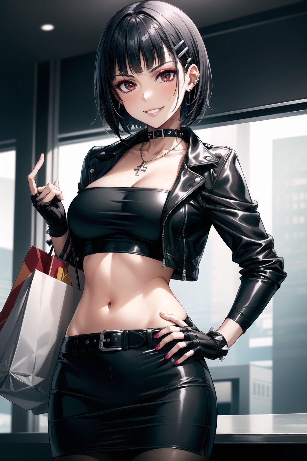 ((best quality)),  ((highly detailed)),  masterpiece,  ((official art)),  detailed face,  beautiful face,  (detailed eyes,  deep eyes),((extended_arm, presenting_gift, shopping_bag, gift_giving, front_view, gesture)),(science fiction, cyberpunk, room, dark background),((smirk, grin, naughty face, seductive smile, smug, arm behind head, hand_on_own_hip, head_tilt)),, ,cowboy shot,(lips), ,kirigaya suguha, blunt bangs, short bangs, black hair:1.3, short hair, hair ornament, hairclip,(red eyes),  cross-laced clothes, (spiked bracelet), necklace, corset, bustier, hoop earring, curvaceous, voluptuous body, navel, (makeup:1.3) (lips:1.3), (latex), (black top), (black tube top:1.2), gloves, fingerless gloves, jacket, skirt, black choker, black leather jacket, (dark jacket), belt, pencil skirt, pantyhose, open jacket, miniskirt, (black skirt), black gloves, black legwear, black choker, medium breast, conspicuous elegance, snobby, upper class elitist, possesses an arroaant charm. her Dresence commands attention and enw, (intricately detailed, hyperdetailed), blurry background, depth of field, best quality, masterpiece, intricate details, tonemapping, sharp focus, hyper detailed, trending on Artstation, 1 girl, solo, high res, official art,kirigaya suguha