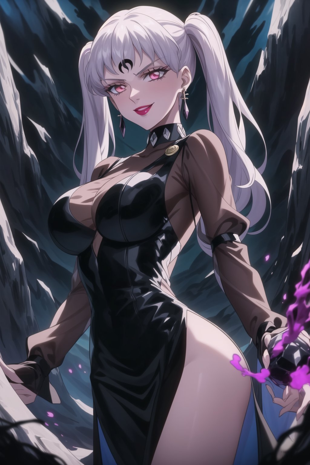 (best quality), (highly detailed), masterpiece, (official art), (noelle_silva,silver hair,twintails,bangs,jewelry), makeup, ((forehead mark, crescent facial mark, black crystal earrings)), aged up, evil smile, lips, lipstick, posing, anime coloring, ((black dress, long sleeves, see-through)), pink dress, side slit, A dark and mysterious female character inspired by the style of classic anime. She has an evil face with an evil smile, giving her an imposing and intimidating presence. The overall atmosphere is dark and mysterious, with a sense of power and control emanating from her posture.,