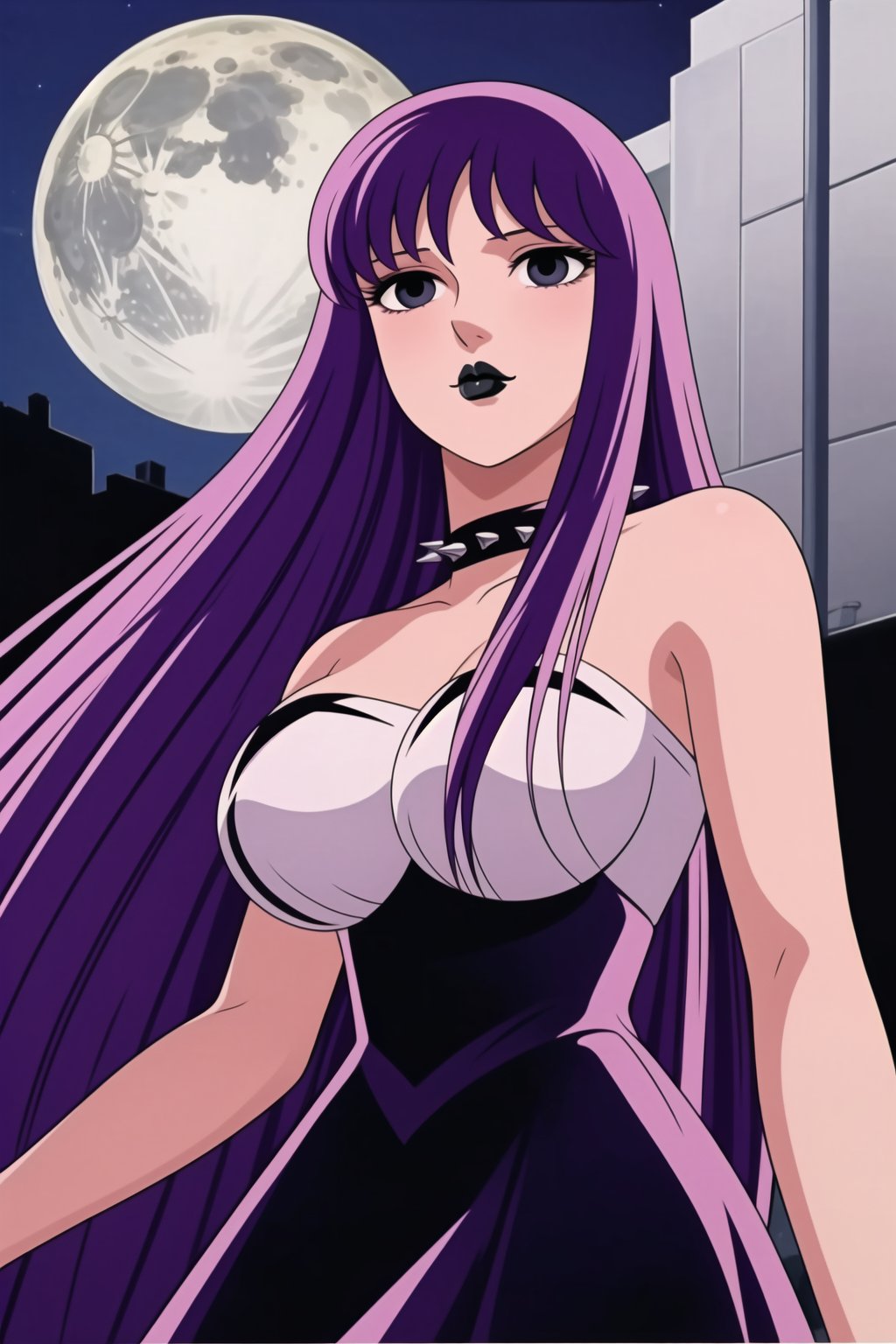 ((best quality)),  ((highly detailed)),  masterpiece,  ((official art)),(Saori Kido, Saori, long hair, purple hair),((black eyes, empty eyes,expressionless,hypnosis)),(((white skin))) ,((makeup,lipstick, black lips:1.2)),absurdres, (spiked collar:1.2), coyboy shot, lips,  blush,  (black latex:1.3),  black dress:1.2,  miniskirt  ((bodyconf)),  bare shoulders,  (( strapless)),  large breast,  looking at viewer,  street,  city,  nigth,  moon,  club,  (nigth club),  , hd quality,  perfect face , realistic,  realistic body,  perfect face sync,  , b1mb0,,,black lips,Saori Kido