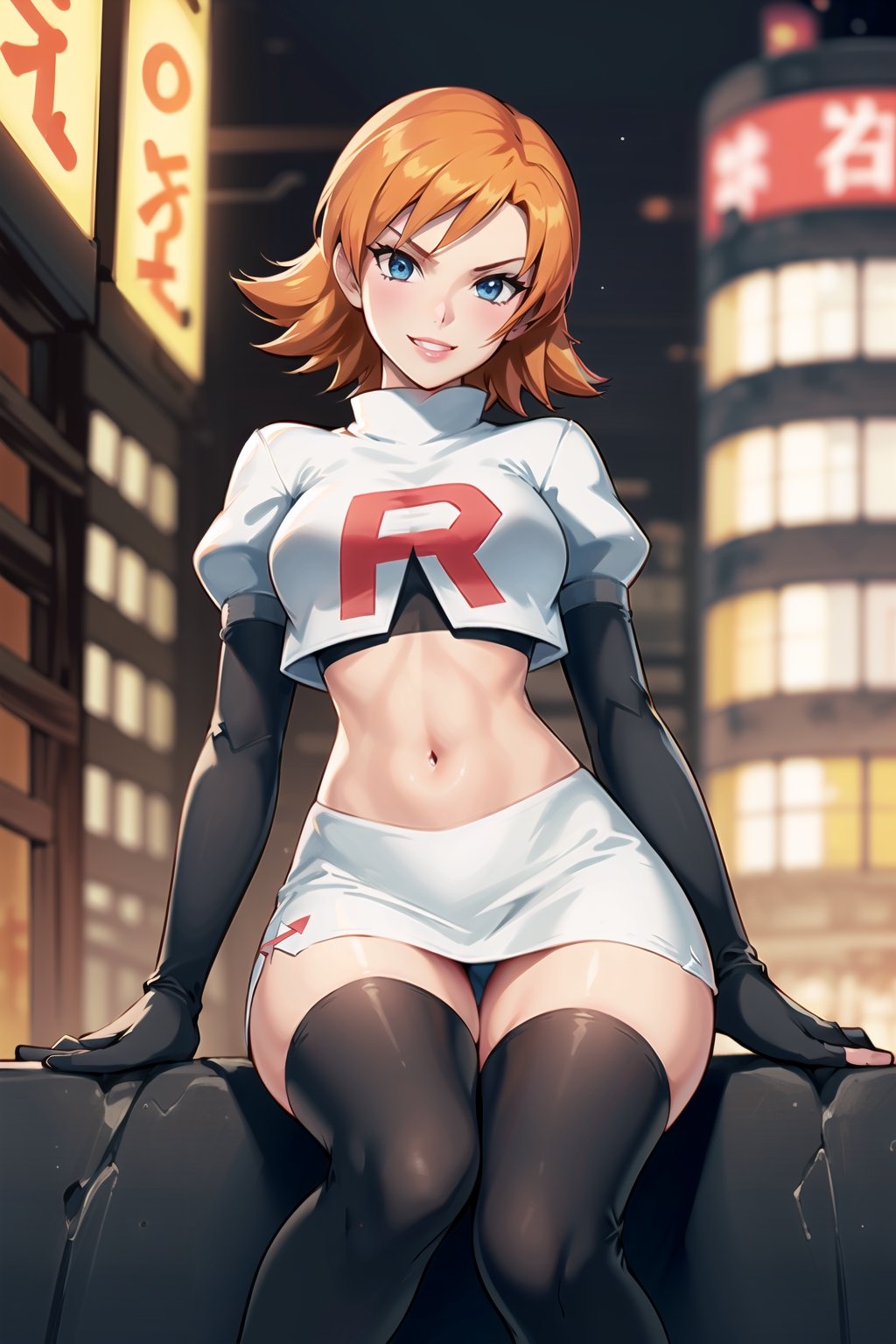 (best quality), (highly detailed), masterpiece, (official art), nora_valkyrie, orange hair, short hair, blue eyes, posing, lips, ( evil smile), sitting, Team Rocket, cropped jacket, white jacket, crop top, jacket, gloves, black gloves, elbow gloves, navel, midriff, white skirt, miniskirt, skirt, thighhighs,, looking at viewer, china, asiática, city, night, sky, (intricately detailed, hyperdetailed), blurry background,depth of field, best quality, masterpiece, intricate details, tonemapping, sharp focus, hyper detailed, trending on Artstation,1 girl, high res, official art