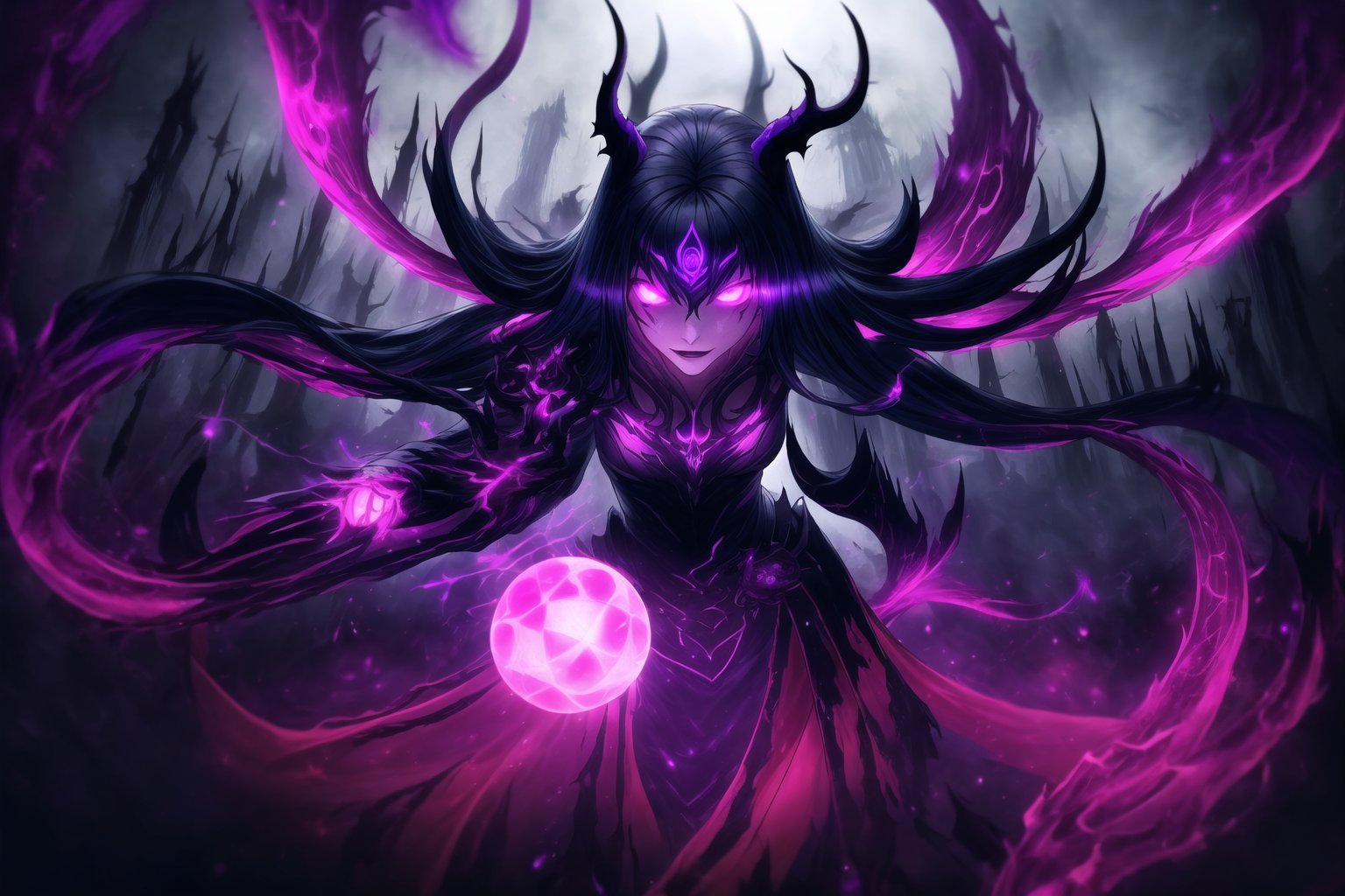 "Dark Sorceress Gwendolyn's Forbidden Power":
gwentennyson, long red hair, now twisted by dark magic, stands menacingly in her corrupted form. Her once-vibrant violet mage attire has transformed into a shadowy, tattered robe, pulsating with forbidden runes and dark flames. Her eyes glow with an ominous purple hue, and her expression is one of cruel dominance. In one hand, she clutches a cursed, blackened grimoire with glowing violet symbols that pulse with dark energy. Her other hand conjures an ominous ball of dark magic, swirling with shadowy tendrils and streaks of purple lightning.
The background is a dark, shattered void, filled with jagged cracks that leak sinister energy. Magic circles of forbidden glyphs spin around her, their deep purples and blacks contrasting against the darkened backdrop. Glistening, arcane chains twist and writhe in the air, like serpents of shadow, while forbidden runes and sigils shimmer in the darkness. Faint whispers of tortured souls emanate from the chaotic magical storm surrounding her. Streaks of corrupted purple flames and black smoke rise from the ground, engulfing the entire scene in a sense of forbidden power. Sharp, electric effects and glowing dark orbs hover in the air, as Gwendolyn channels the full force of her dark sorcery. The entire image glows with an eerie, shadowy light, casting deep, high-contrast shadows, and creating a menacing, oppressive atmosphere.,