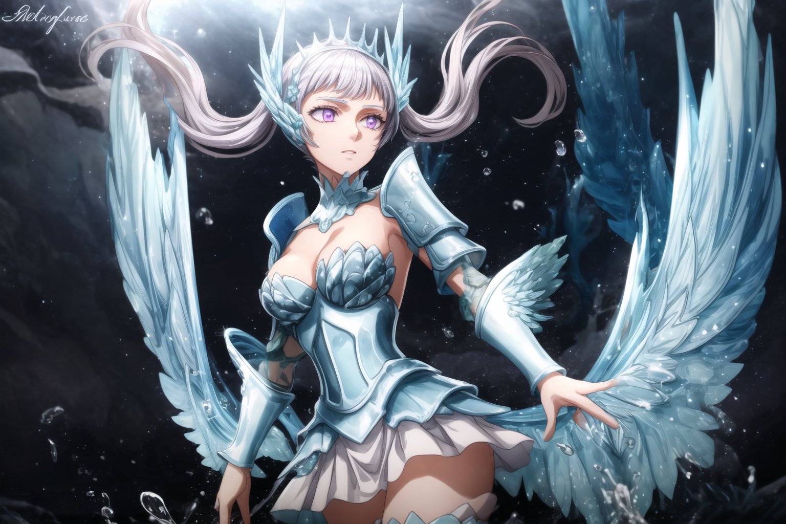 GFX wallpaper featuring Noelle Silva as a Valkyrie, with twintailed silver hair and shimmering water armor that appears both solid and liquid. The scene is illuminated by a radiant sword in her hand, casting light across the battlefield. Her wings, crafted from water, sparkle as if catching the light of a distant sun, and her purple eyes glow intensely. Water splashes around her armor, and energy beams shoot through the background. Her armored dress is detailed with intricate runes and silver accents, all glimmering as if imbued with magic. The background shows crashing waves, with water particles frozen mid-air, glowing in vibrant blue, violet, and white hues.