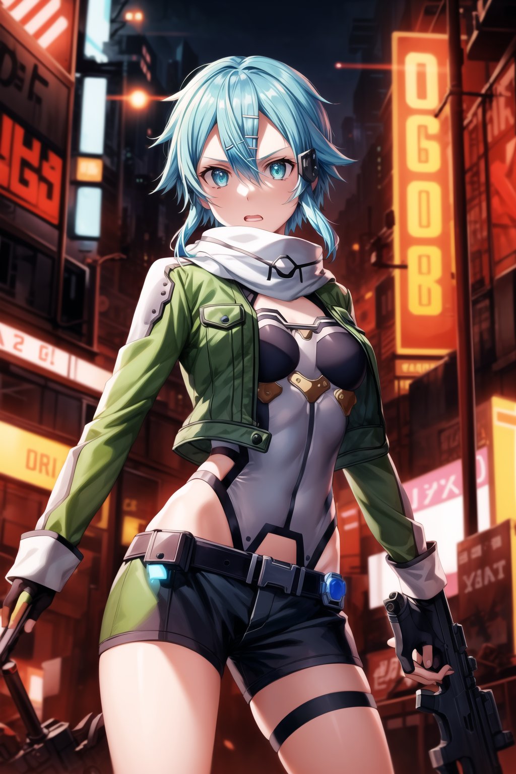 ((best quality)),  masterpiece, sinon1,(surprised:1.3), (scary:1.3), 
lips, aiming at viewer,holding pistol, ((sinon1, cyberpunk, hair ornament, hairclip)), (( pose)),1girl,  bangs, belt pouch, black gloves, black shorts, blue eyes, blue hair,fingerless gloves, green jacket, green legwear, gun, hair between eyes, hair ornament, hairclip, highres, jacket, long sleeves, outdoors,  handgun, scarf, shadow, short hair, short hair with long locks, short shorts, shorts, sidelocks, sinon, pistol, solo,, sword art online, weapon, , fingerless gloves,
Anime illustration, post-apocalyptic cyberpunk setting, cowboy shot:1.3. . She holding a  handgun, shooting sideways:1.3.

The background features a ruined cityscape with neon signs, broken buildings, and flickering lights, enhancing the cyberpunk atmosphere. The scene is lit with a mix of neon glows and dark shadows, emphasizing the chaotic and dystopian environment.