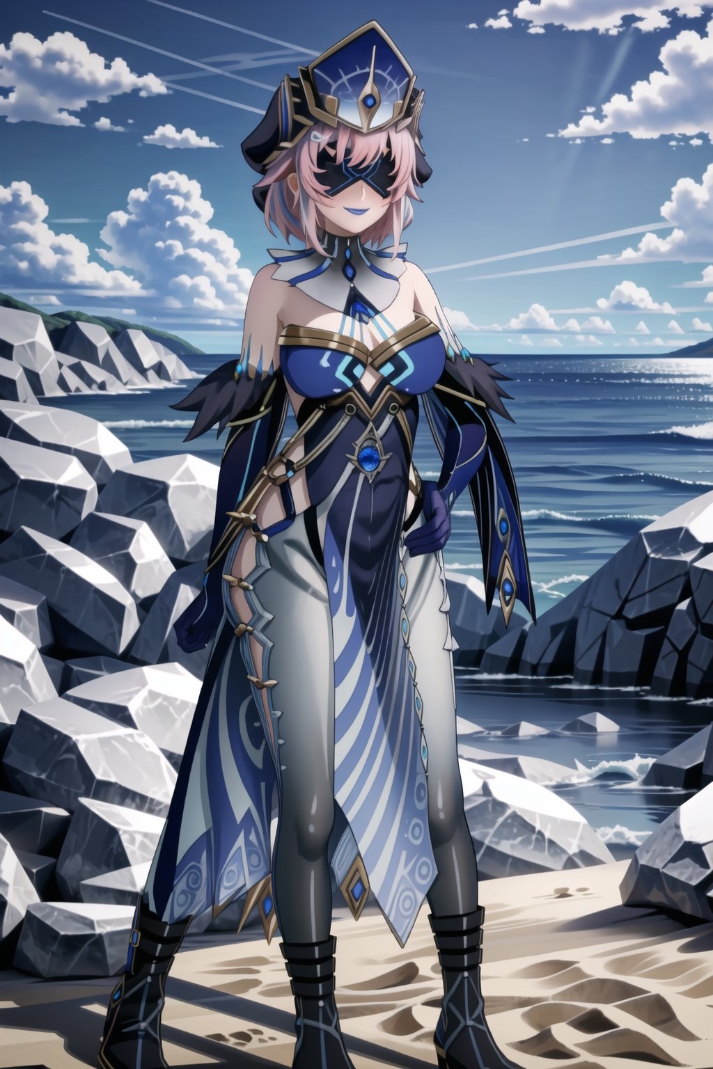 ((best quality)),  ((highly detailed)), (lisbeth, pink hair, hairclip, freckles) , masterpiece, 1girl,  evil smile:1.2, smug, seductive smile, solo, ,lips, makeup, ,standing,  ((blindfold, mask, eye mask)),MirrorMaiden, dress, cleavage, makeup, lipstick, ((blue lips:1.2)), blue headwear, hat, fur trim, blue gloves, gloves, elbow gloves, white pants,boots,  blush, beach, sand, water, posing, outdoors,<lora:659111690174031528:1.0>