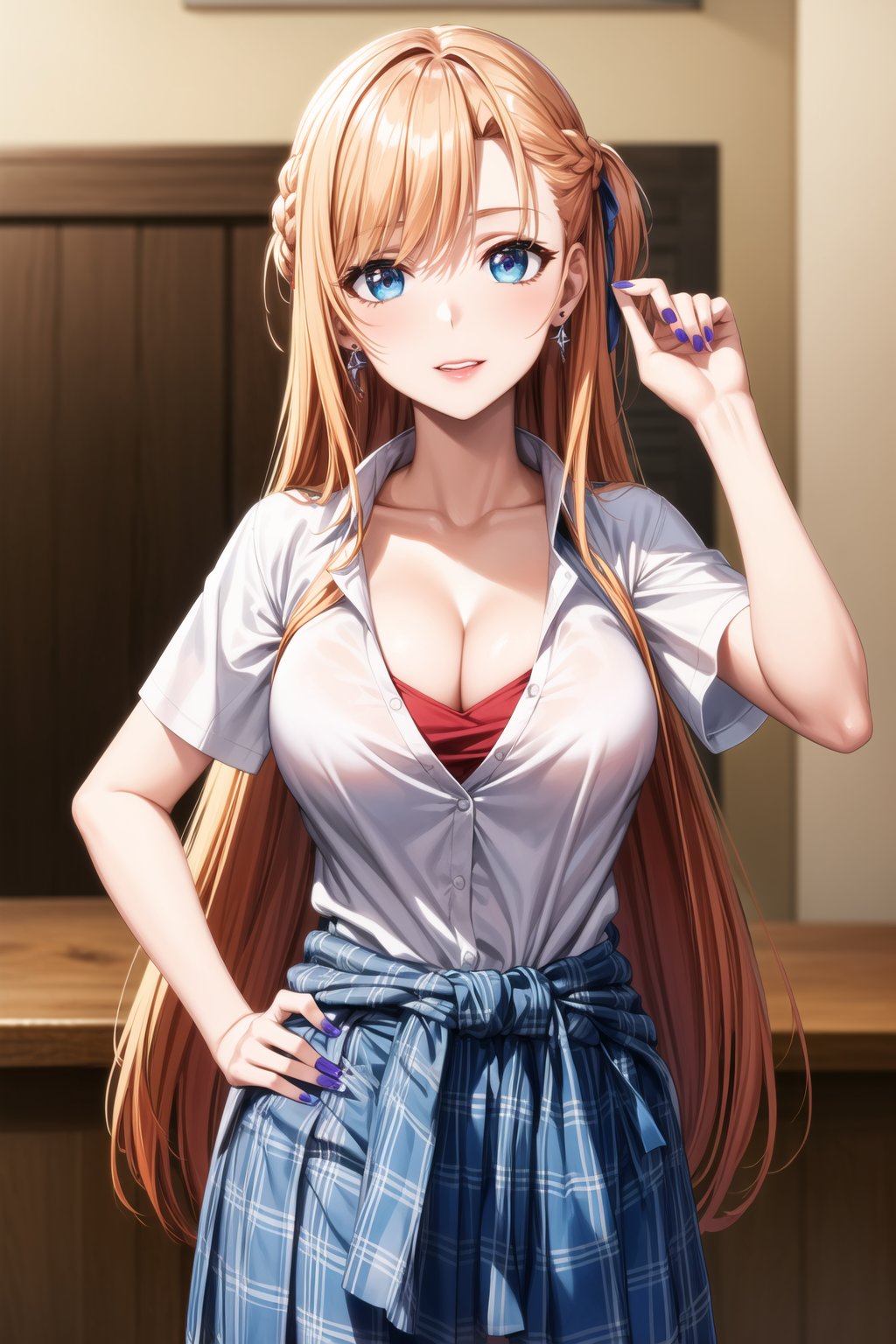 ((best quality)), ((highly detailed)), masterpiece, ((official art)), detailed face, beautiful face, (detailed eyes, deep eyes), seductive posing, (cowboy shot),asuna yuuki, long hair, brown eyes, orange hair, red hair, purple lips:1.2, 1girl, blonde hair, multicolored hair, bangs, one side up, long hair, blue eyes, hairclip, jewelry, earrings, medium breasts, gyaru, cleavage, collarbone, school uniform, white shirt, short sleeves, bow, blue skirt, plaid skirt, sweater around waist, nail polish, blue nails, laughing, looking at viewer