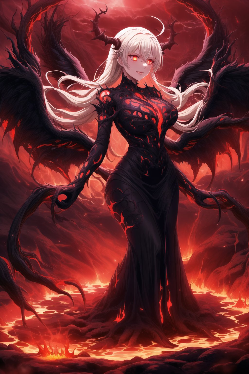 A masterpiece of dark fantasy: elizabeth, malevolent demon, lips curled into an evil smile, long flowing white hair cascading down her back like a fiery waterfall. Her delicate ahoge and intricate black gown billow softly as she floats amidst hell's fiery depths. Black wings spread wide behind her, emitting a darkness-infused light that adds to her ominous presence. Red eyes gleam with malevolent intent as she stands poised, arms outstretched in a violent welcome. Softly glowing fire illuminates her figure, while rays of dark light pierce the heavens above, casting an eerie glow on Rias' demonic form. The hellish landscape before her is bathed in red hues, as if infernal flames are breaking through to create this haunting atmosphere.