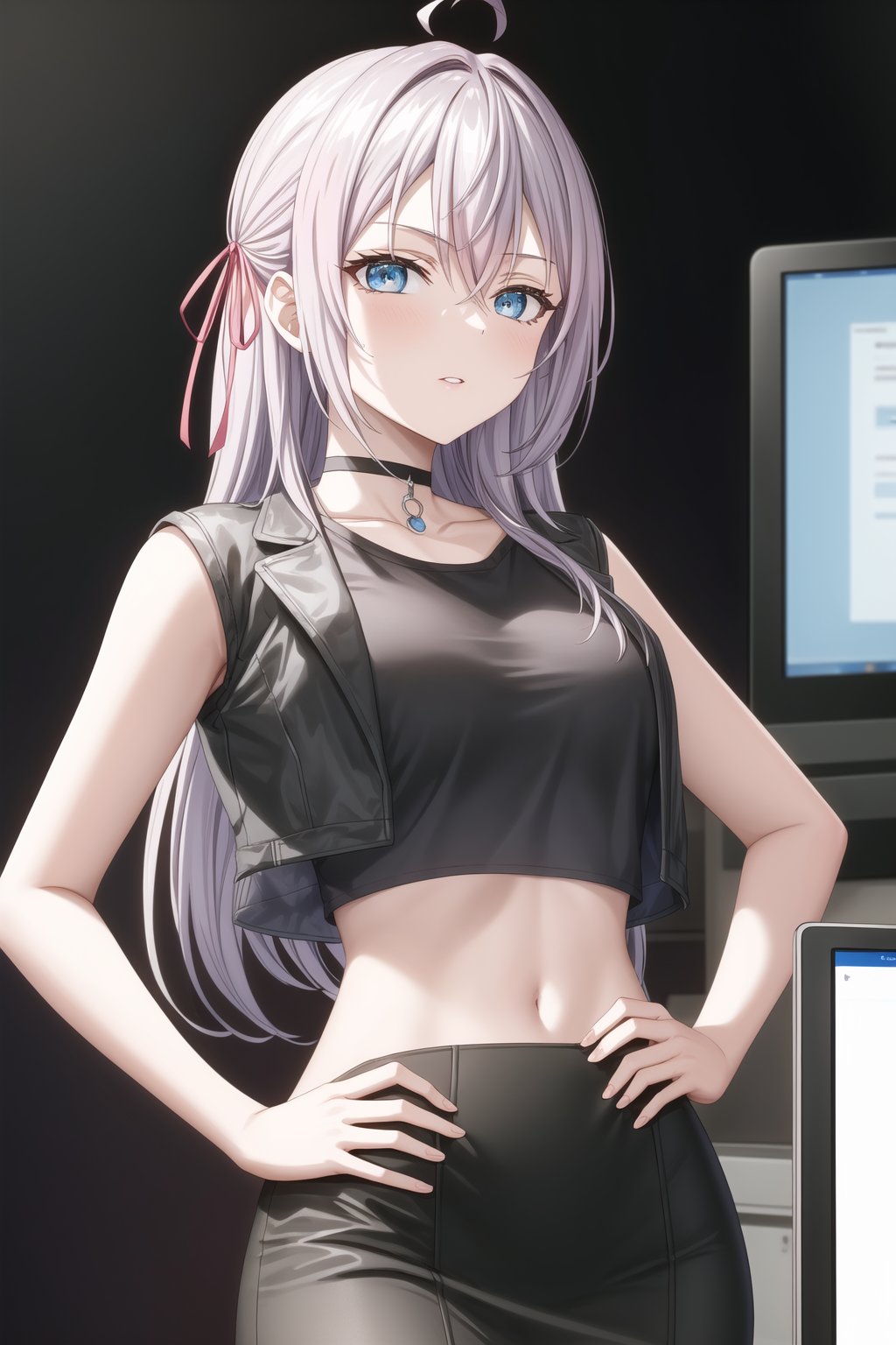 A close-up shot of alya, long hair, grey hair, blue eyes, hair between eyes, hair ribbon, red ribbon, ahoge, standing confidently with one hand on her hip. She is wearing a stylish crop top and a pencil skirt, with a black jacket and a choker. She holds a tablet PC in one hand and is surrounded by modern technology, including a computer monitor and a phone screen. The background features a soft gradient, creating a sleek and modern atmosphere. Her pose is casual, with parted lips, while the overall design emphasizes her intelligent and composed demeanor.