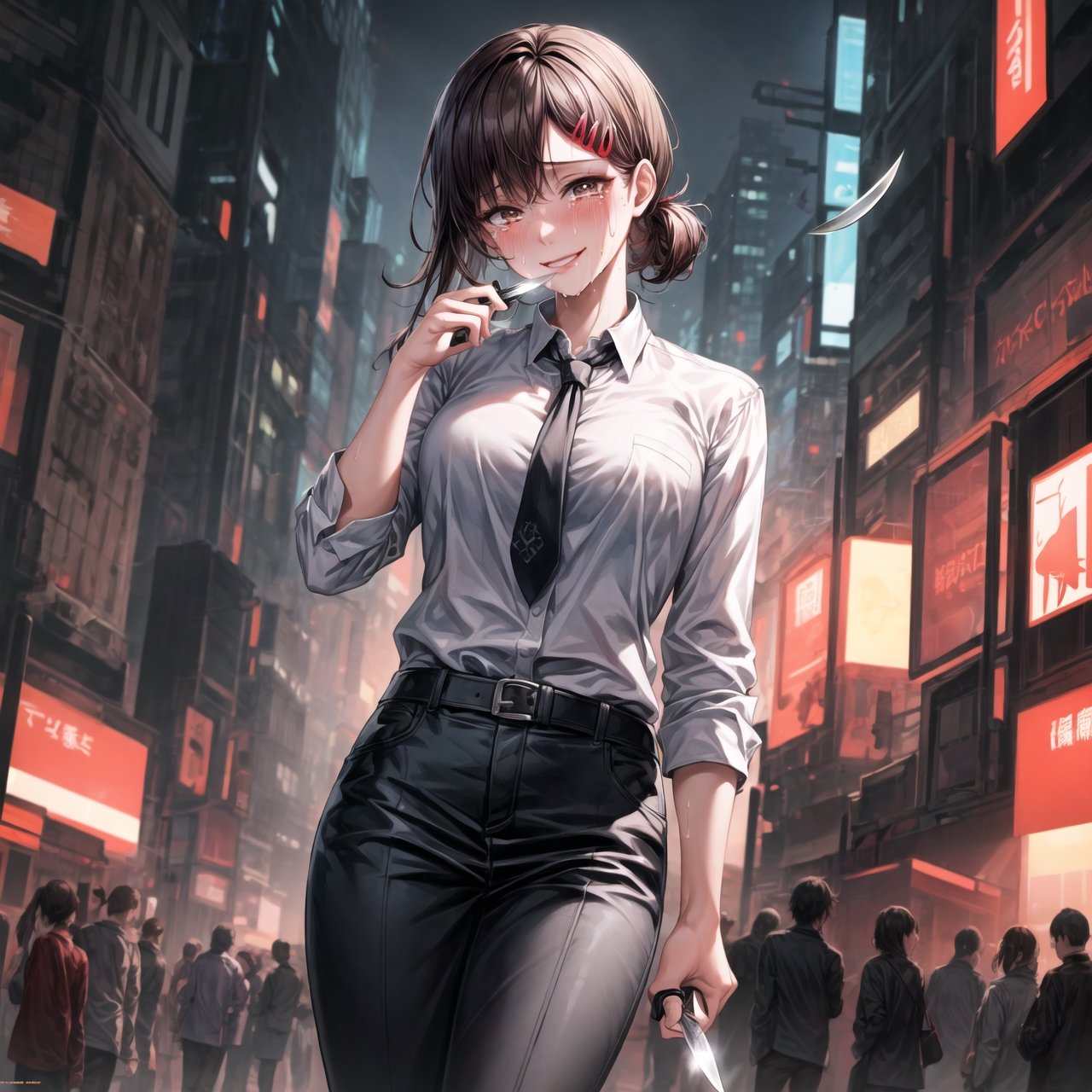 ((best quality)),  ((highly detailed)),  masterpiece,  ((official art)), 
1girl, solo, cute, brown eyes, black hair, swept bangs, single sidelock, red hairclip, lips, ((knife, holding knife)), pose:1.2, smile,sweating, crying, blushing, ,white collared shirt, black necktie, black pants, formal,cowboy shot,  (cyberpunk:1.2),  girl,  outdoors, dramatic reveal,  suspenseful,  urban environment,  mysterious ambiance,  dramatic lighting,  cinematic scene,  self-transformation,  supernatural,  otherworldly,  metamorphosis,  mystical,  mystical energy,  power awakening.,  intricately detailed,  hyperdetailed,  blurry background, depth of field,  best quality,  masterpiece,  intricate details,  tonemapping,  sharp focus,  hyper detailed,  trending on Artstation, 1 girl,  high res,  official art,kobeni higashiyama,Kobeni 