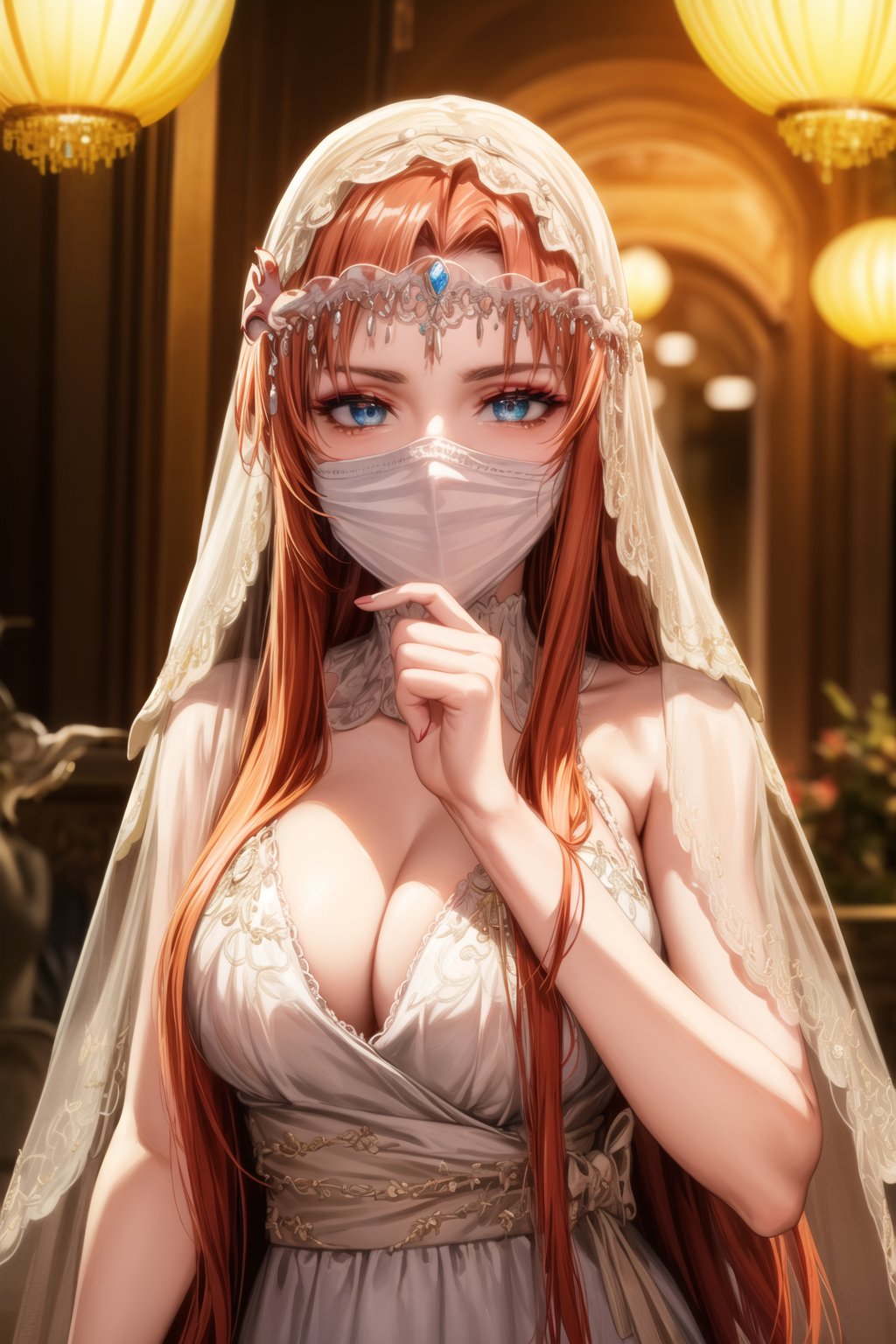 ((best quality)), ((highly detailed)), masterpiece, ((official art)), detailed face, beautiful face, (detailed eyes, deep eyes), seductive posing, (cowboy shot),asuna yuuki, long hair, brown hair, orange hair, red hair, empty eyes:1.2,,((veil, transparent,mask Veil,Veil)) v3il, face veil, (forehead jewel opal), crystal head veil, (cowboy shot), eyeliner, eyeshadow, makeup, ,ethereal nightgown, (sash), (cowboy shot), grand hall, . shallow depth of field, vignette, highly detailed, high budget, bokeh, cinemascope, moody, epic, gorgeous, film grain, grainy,jyojifuku,asuna yuuki, veil