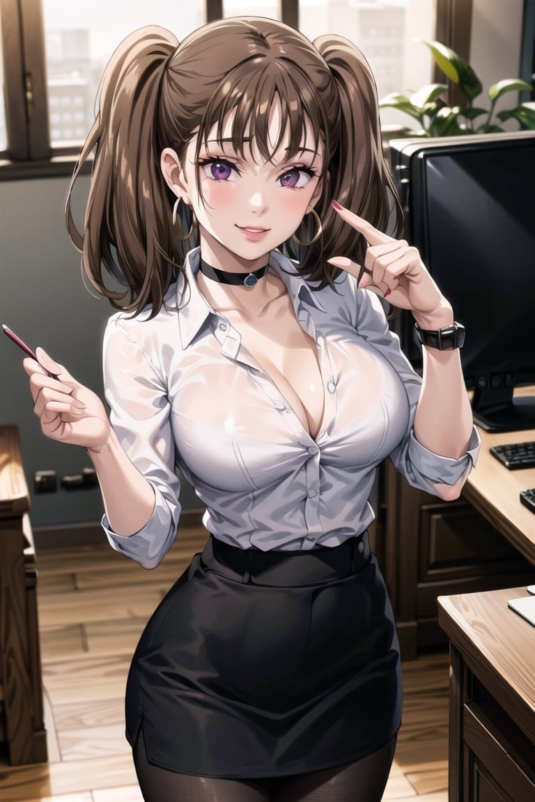 ((best quality)), ((highly detailed)), masterpiece, ((official art)), ( diane, twintails), (blonde hair:1.2), (office:1.3), (window, indoors, plant), (seductive smile), (makeup:1.2),(choker:1.2),(hoop earrings), (high-waist skirt:1.2), (black skirt), (collarbone, cleavage) , (lips:1.2), (narrow_waist:1.2) , wristwatch, skirt, solo, (cowboy shot:1.2), standing, pencil skirt,(seductive pose:1.2) collared shirt, (office lady), (white shirt:1.2), (formal:1.1), shirt tucked in, (skirt suit), black pantyhose, dress shirt, intricately detailed, hyperdetailed, blurry background, depth of field, best quality, masterpiece, intricate details, tonemapping, sharp focus, hyper detailed, trending on Artstation, 1 girl, high res, official art