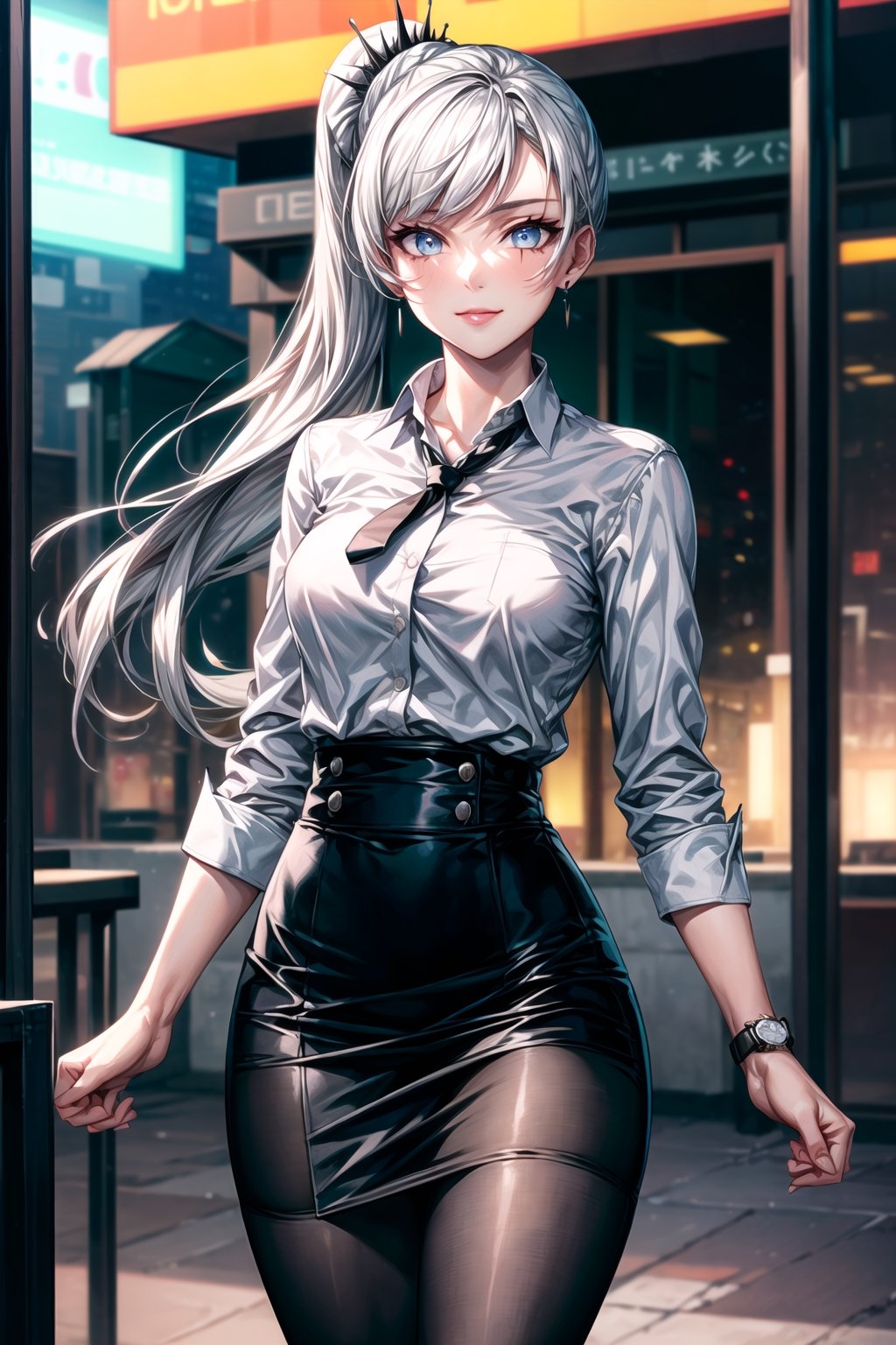 ((best quality)), ((highly detailed)), masterpiece, ((official art)),weiss schnee, side ponytail, scar across eye,white hair,outdoors,city,(glowing eyes),(floating hair),(high-waist skirt:1.2),(black skirt:1.2),(black necktie:1.1),(seductive smile),(closed mouth),(lips:1.2),jewelry, wristwatch, skirt, solo, (cowboy shot:1.2),standing, pencil skirt,  belt, (earrings:1.1), collared shirt, ,office lady,(formal:1.1), shirt tucked in, (skirt suit),black pantyhose, dress shirt, intricately detailed, hyperdetailed, blurry background,depth of field, best quality, masterpiece, intricate details, tonemapping, sharp focus, hyper detailed, trending on Artstation,1 girl, high res, official art,beautiful detailed eyes