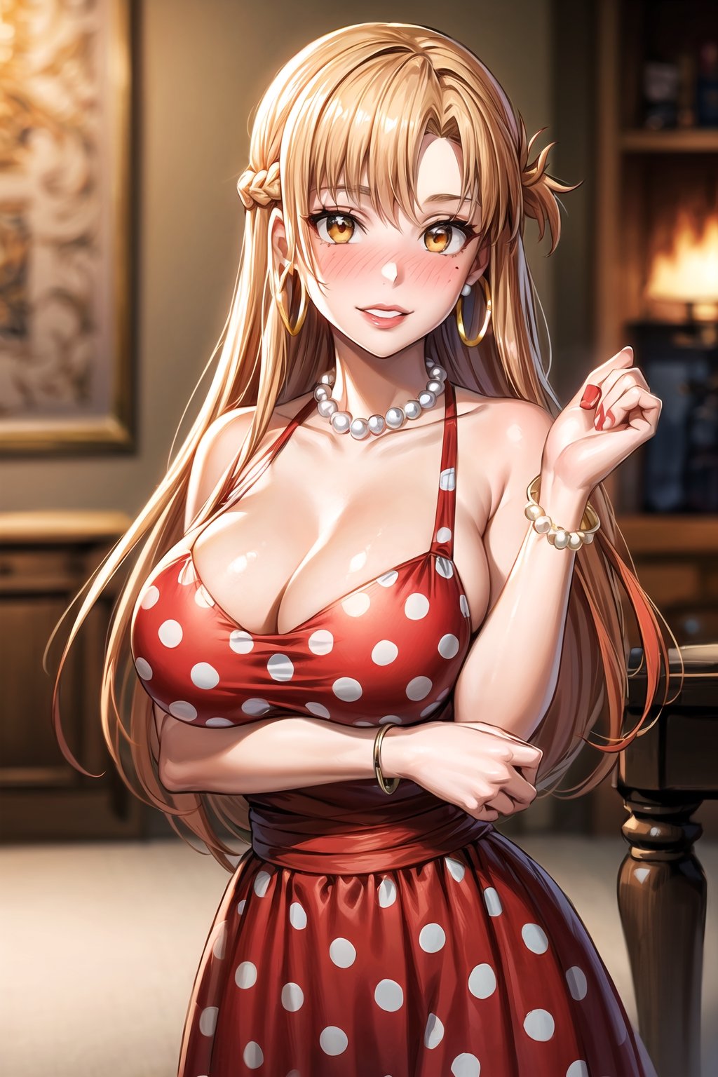 (best quality), (highly detailed), masterpiece, (official art),(aaasuna, long hair, (orange hair:1.2),braid, brown eyes,),(Stepford),lips, makeup, lipstick,red lips,smile, (pose),(polka dot:1.4), (polka dot dress:1.4),(pearl necklace:1.2), pearl bracelet, bare shoulders,(red dress:1.2),(aroused), nose blush ,standing, big breasts, (large pearl necklace), (hoop earrings:1.2), (intricately detailed, hyperdetailed), blurry background,depth of field, best quality, masterpiece, intricate details, tonemapping, sharp focus, hyper detailed, trending on Artstation,1 girl, high res,facing viewer, official art