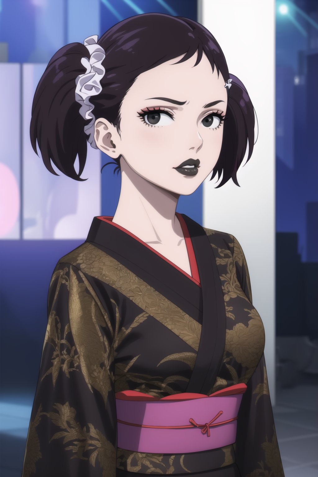 (best quality), (highly detailed), masterpiece, (official art),  becky blackbell, black hair, hair ornament, twintails, hairclip, scrunchie, hair scrunchie, lips:1.2, black lips:1.4, makeup:1.2, lipstick:1.2,  makeup, black eyes:1.2,black kimono,obi, dance,hand fan,white confetti,, looking at viewer, (/nightclub scene, neon lights)), , club, (nigth club), ,hd quality, perfect face ,realistic, realistic body , perfect face sync,night club,StandingAtAttention,night club,b1mb0, dancing:1.2,