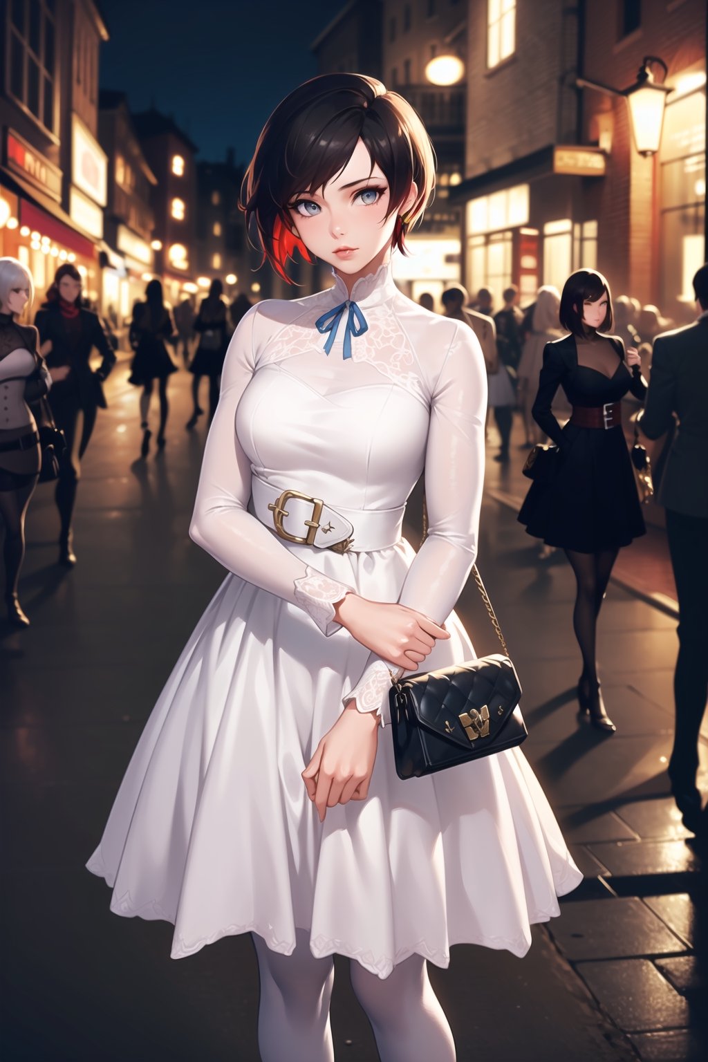 (best quality), (highly detailed), masterpiece, (official art), ,(ruby rose), ((lbob cut)), lips, lips, (( (white dress),  blue ribbon, bag, belt, white dress, ribbon, handbag, long sleeves, standing, white legwear, holding,  holding bag, long skirt, v arms)), looking at viewer, city, night, sky,  (intricately detailed, hyperdetailed), blurry background,depth of field, best quality, masterpiece, intricate details, tonemapping, sharp focus, hyper detailed, trending on Artstation,1 girl, high res, official art,StandingAtAttention,bestiality,Weiss_RWBY