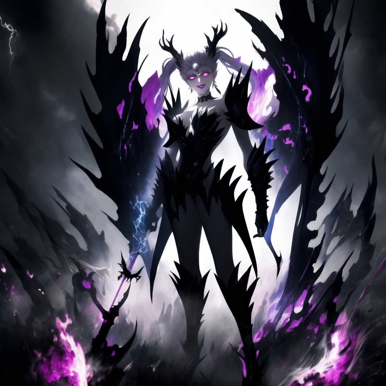 Wallpaper GFX of Noelle Silva's "Dark Thunder" form, aged-up and radiating dark energy. Her silver hair styled in twintails flows through the dark mist, while her sharp purple eyes gleam with malevolence. She stands confidently, her bold lipstick lips curved into a wicked grin. Retro-inspired black and silver armor covers her powerful physique, adorned with intricate black crystal earrings, a matching choker, and ornate gloves. A glowing, crescent-shaped mark on her forehead pulses with dark energy. She summons dark thunder and electricity, crackling around her hand and sword. Her enormous dark wings, made of shadowy tendrils and storm clouds, spread wide behind her. The background features a menacing black moon casting long, eerie shadows across the scene. Flashes of electric purple and black lightning illuminate the swirling clouds, while glowing red runes and sigils pulse in the air around her. The entire scene is bathed in dark and ominous hues, with bursts of glowing energy and digital distortions that create a chaotic yet visually striking aesthetic. Noelle Silva dominates the battlefield, ready to strike