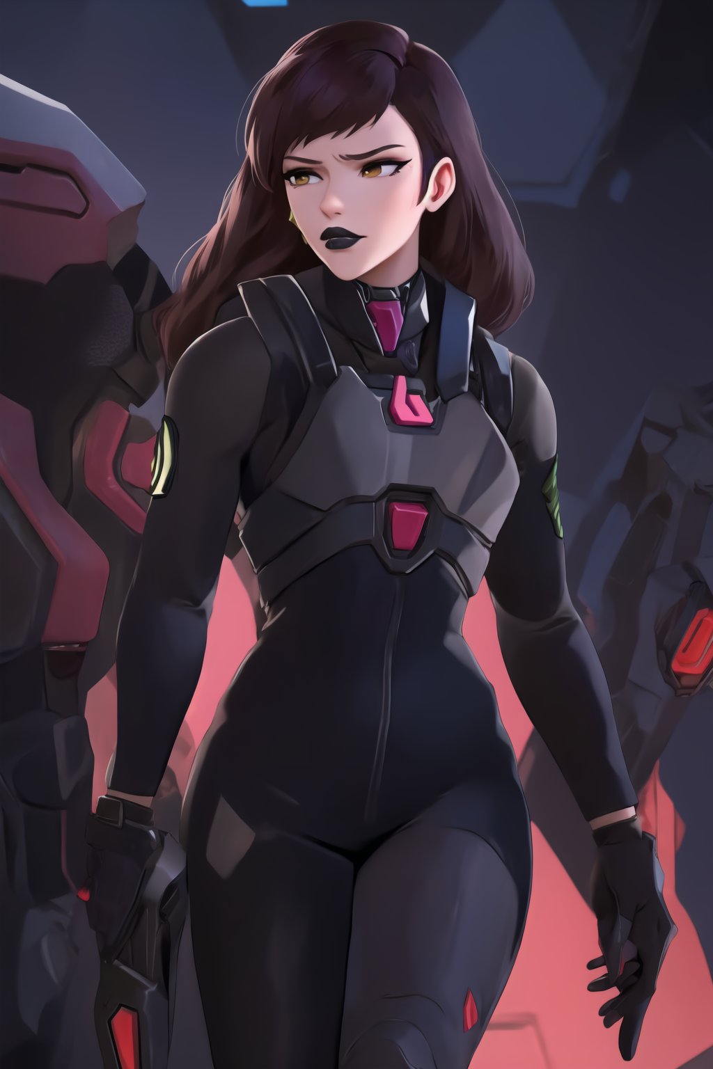 (best quality), (highly detailed), masterpiece, (official art),  dva, brown hair, messy hair, brown eyes, black lips:1.2, lips:1.3,cinematic illustration of D.Va (Hana Song) reimagined as a deadly assassin for Talon. She wears a sleek, form-fitting black and red tactical suit, designed for stealth and combat. The suit is accented with red, glowing lines and Talon’s emblem, highlighting her allegiance. Her expression is cold and determined, metallic black suit with glowing red circuits and a visor replacing her sunglasses. Her black lips contrast with the bright red emblem ,hd quality, perfect face ,realistic, realistic body , perfect face sync,,b1mb0, 