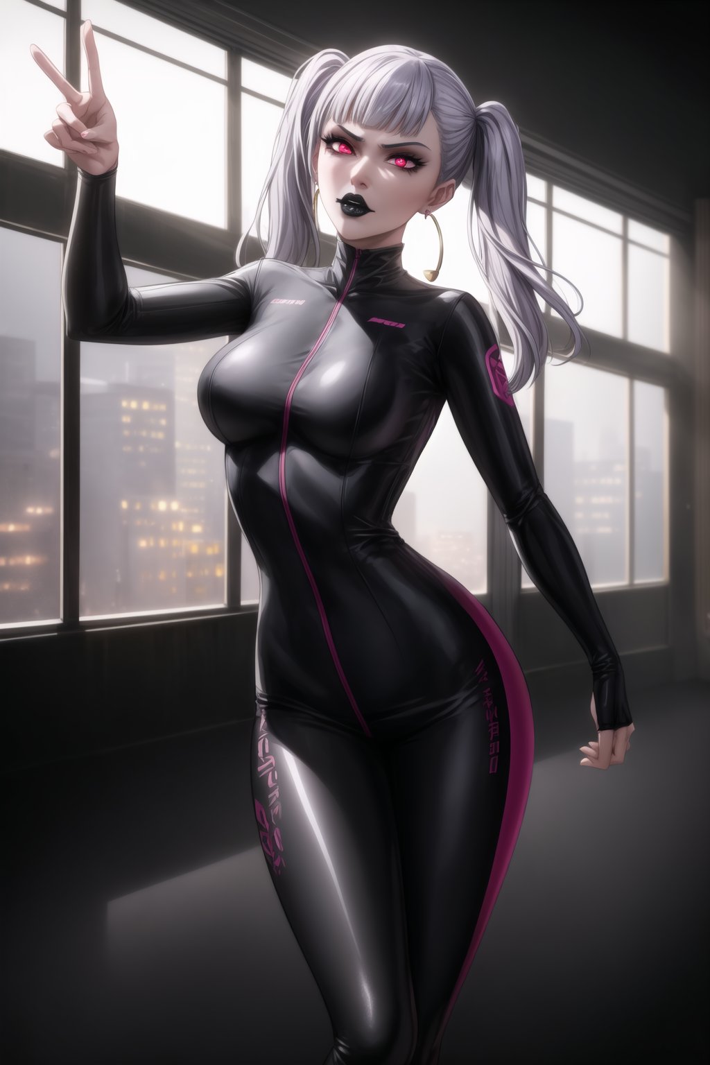 ((Best quality)), masterpiece, realistic illustration of a villainous noelle_silva, silver hair, twintails, blunt bangs:1.2, jewelry. She has glowing pink eyes and red eyes, ,with hoop earrings and black lipstick. Realistic illustration of a villainous ,neon ligth,black supersuit,  cyberpunk,dancing, dance, red eyes, black lipstick, hoop earring, neon suit, high quality, realism, detailed, city lights casting dramatic shadows, fierce and intense gaze, sleek design, professional, atmospheric lighting, villainous twist, ultra realistic, cinematic, octane render, photo realistic, detailed, hyper realism, with neon city lights casting dramatic shadows through the windows, creating an atmospheric lighting. 
The cityscape outside is detailed, with glowing signs and bustling streets. Her fierce and intense gaze, combined with the sleek design of her outfit, gives her a professional yet villainous twist. The scene is ultra-realistic, cinematic, with octane render and photo-realistic details, capturing the essence of hyper realism.,b1mb0,makeup,