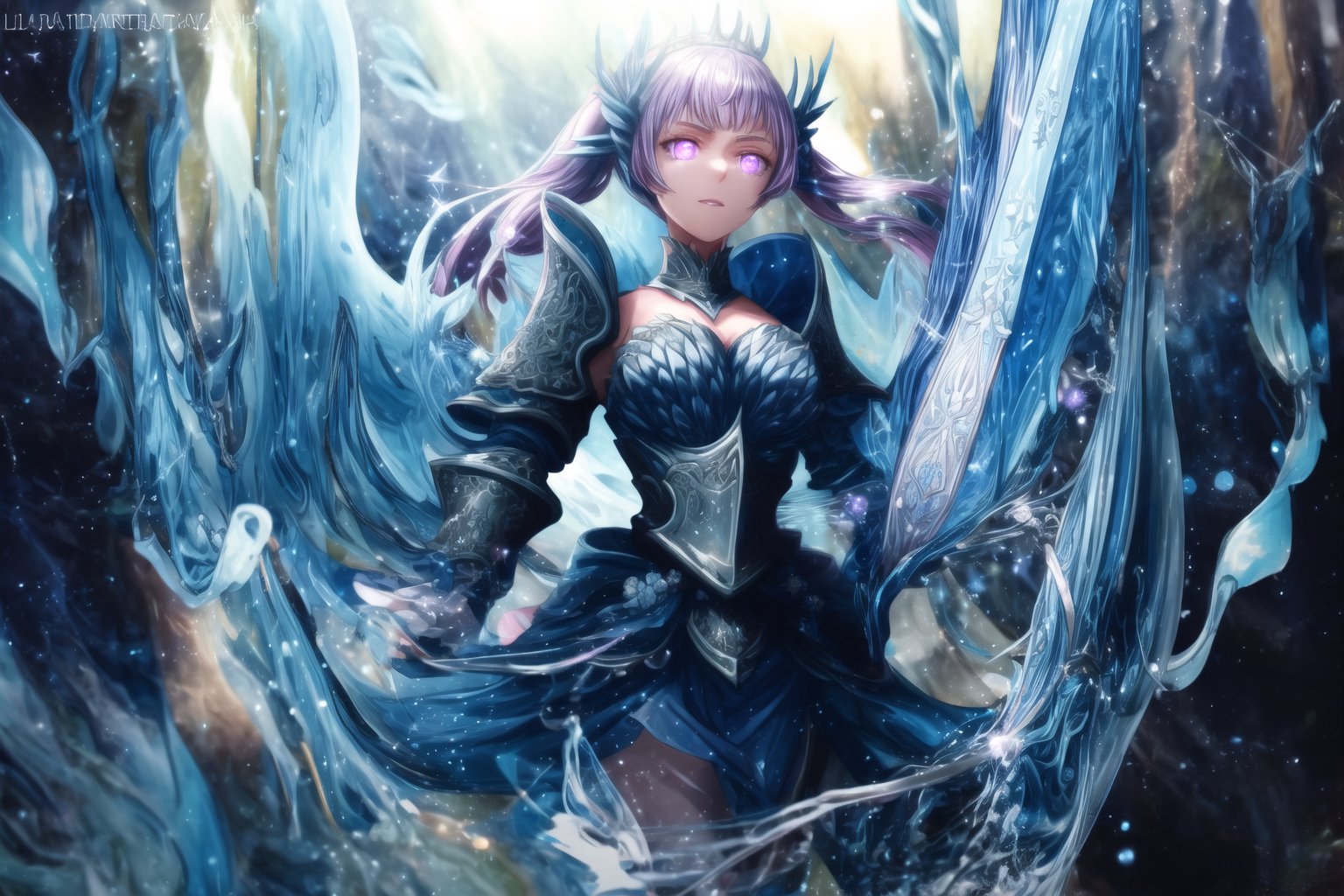 GFX wallpaper featuring Noelle Silva as a Valkyrie, with twintailed silver hair and shimmering water armor that appears both solid and liquid. The scene is illuminated by a radiant sword in her hand, casting light across the battlefield. Her wings, crafted from water, sparkle as if catching the light of a distant sun, and her purple eyes glow intensely. Water splashes around her armor, and energy beams shoot through the background. Her armored dress is detailed with intricate runes and silver accents, all glimmering as if imbued with magic. The background shows crashing waves, with water particles frozen mid-air, glowing in vibrant blue, violet, and white hues., glowing eyes