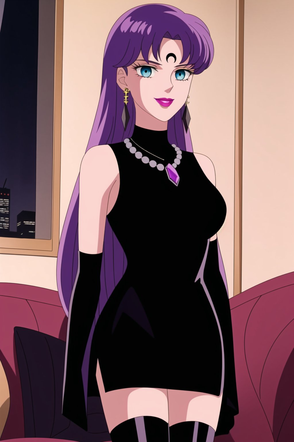 (best quality), (highly detailed), masterpiece, (official art),Saori Kido, long purple hair. blue eyes, bangs, lips, smile, lipstick, makeup,evil smile:1.2, salute:1.3,
((Forehead mark, crescent facial mark, black crystal earrings, jewelry)).  Dark  dress, black latex, black sleeveless dress, turtleneck_dress, short dress, elbow gloves, green gloves, thighhighs, large necklace, ((gemstone necklace:1.2)), standing,
Modern luxury lounge with dim lighting, featuring sleek black leather sofas, glass tables, and soft ambient lighting from wall sconces. A large window in the background reveals a city skyline at night, adding a touch of sophistication to the scene