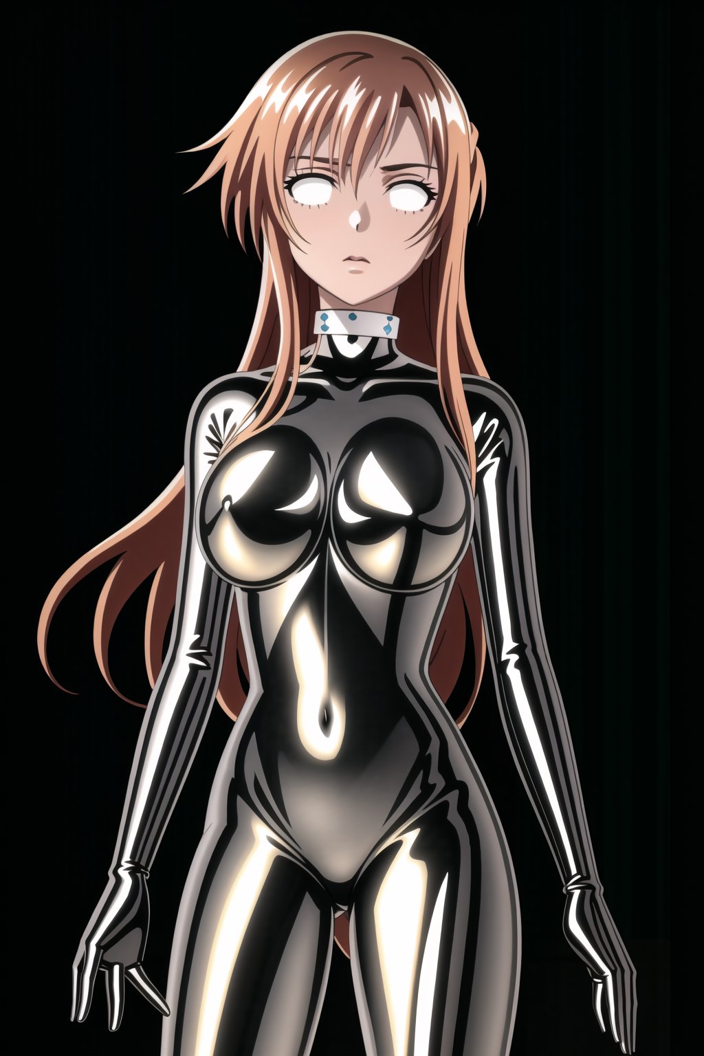 (best quality), (highly detailed), masterpiece, (official art), makeup, 1girl, solo,(asuna yuuki, orange hair, red hair, long hair), closed mouth,(graybot:1.2), black bodysuit, (shiny body:1.2), (shiny clothes),latex bodysuit, large breast, looking at viewer,  ,graybot,(whiteeyes),((black background, simple background)),StandingAtAttention,,,,<lora:659111690174031528:1.0>