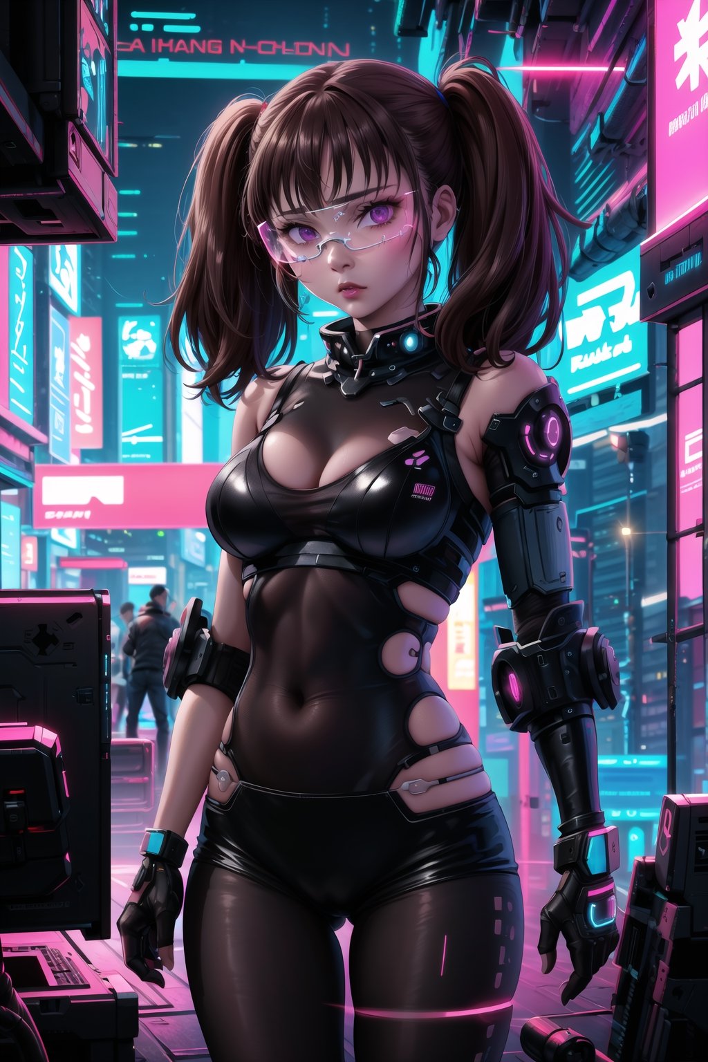 masterpiece,best quality,highres,ultra-detailed,diane, ((twintails)), purple eyes, brown hair, bangs,  ((hacker)), ,fishnets ,computer, monitor, wive, cable,(( cyberpunk)), indoors, neon nigth, ((Cyborg)), ((star wars)), chip, cyberpunk, collar, confident and curious gaze, futuristic cyberpunk hacker attire, high-tech bodysuit with glowing circuitry patterns, standing,fingerless gloves and augmented reality glasses, underground hacker den, surrounded by screens displaying code and data, typing rapidly on a holographic keyboard, exuding intelligence and tech-savviness, cyberpunk and gritty atmosphere, dark color palette with neon highlights,((cyberpunk glasses)), 