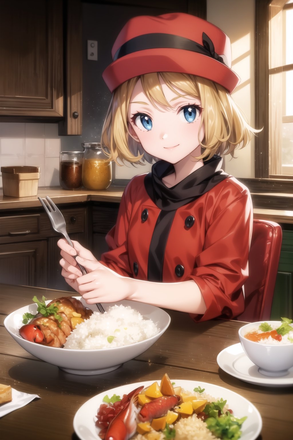 ((best quality)),  ((highly detailed)),  masterpiece,  ((official art)),  ((serena)), 1girl, solo, orange hair, blue eyes, blonde hair, short hair, bangs:, hat, ((red headwear)), looking at viewer,serious, smiling, siting, behind table, interior of a cozy kitchen, table full of food, fish, rice,extreme detail, masterpiece, beautiful quality,