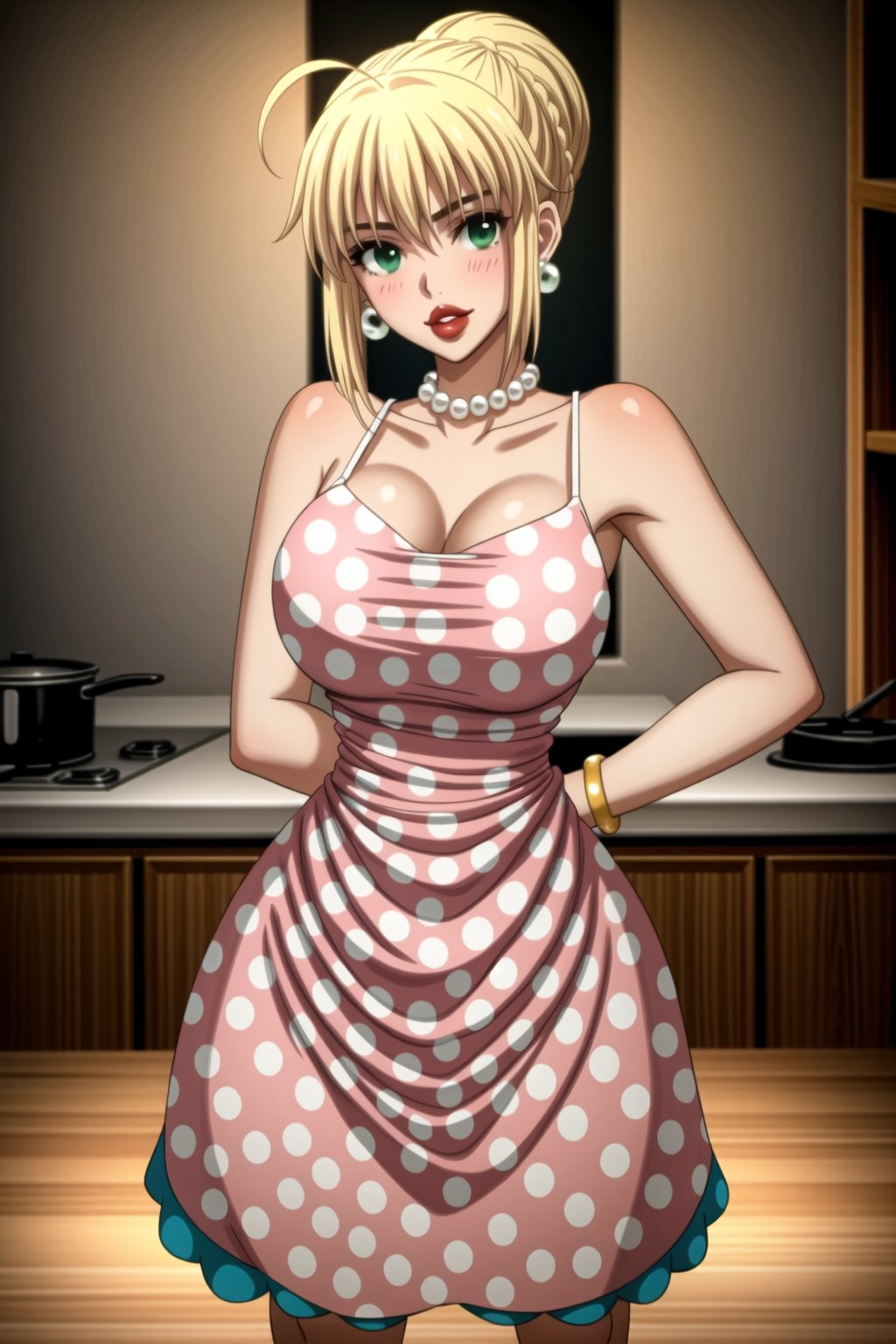 ((best quality)),  ((highly detailed)),  masterpiece,1girl, 1girl,  seductive smile, solo,   (Stepford),lips, makeup, lipstick,red lips, (pose),(polka dot:1.4), (polka dot dress:1.4),(pearl necklace:1.2), pearl bracelet, bare shoulders,(red dress:1.2),aroused, blush ,standing,  (large pearl necklace), (hoop earrings:1.2), looking at viewer, standing, cowboy shot, kitchen, cooking, indoors, house, windows, cortain, food,artoria pendragon, artoria pendragon \(fate\), saber, blonde hair, (green eyes:1.5), ahoge, sidelocks, hair bun, single hair bun, braid,b1mb0,<lora:659111690174031528:1.0>