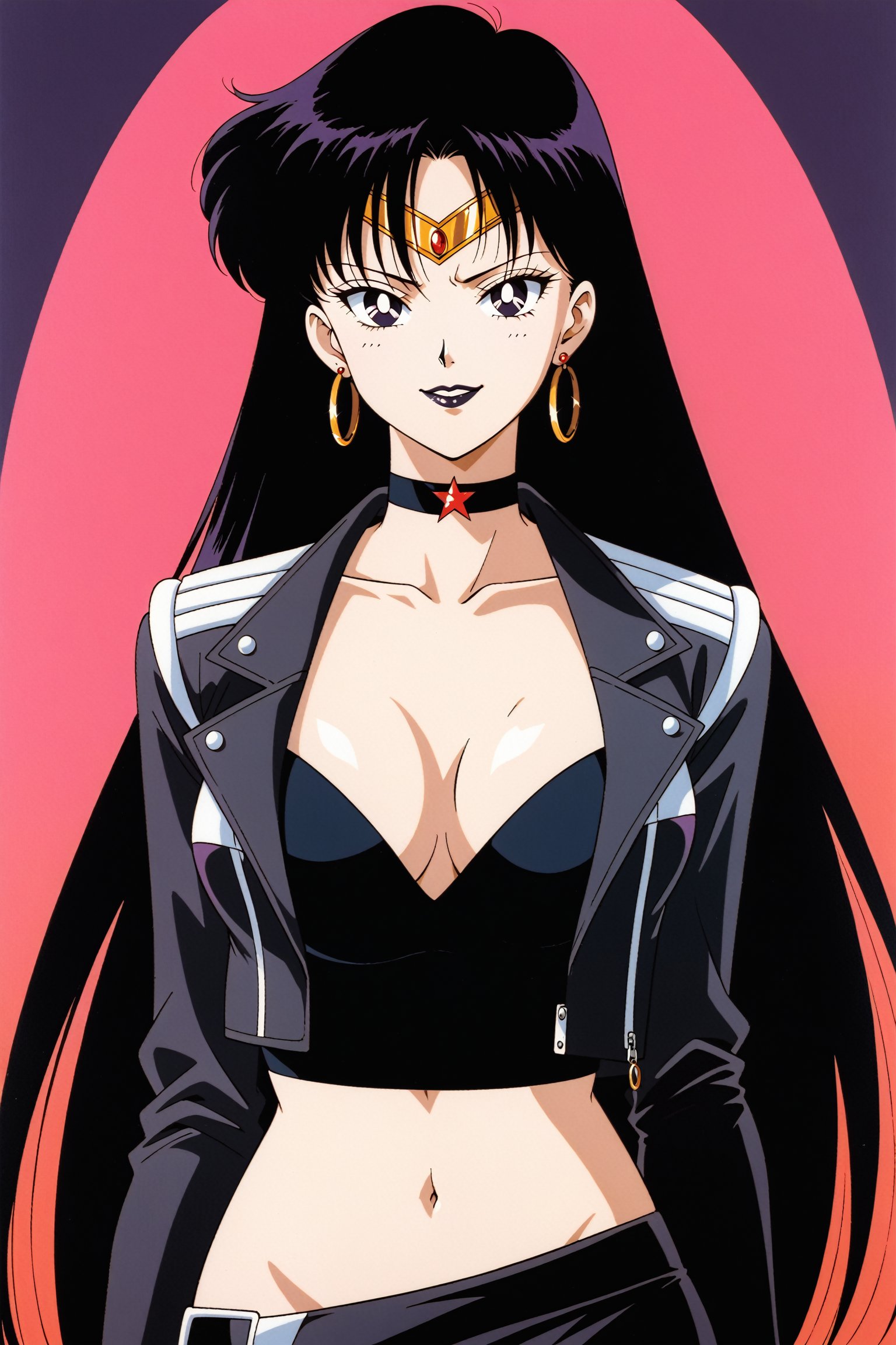 (masterpiece, best quality, very aesthetic, ultra detailed), lips, black lips:1.2, evil smile, evil, villain, corrupted, dark persona,intricate details, 4k, aamars, long hair, black hair,, black gloves, black jacket:1.2, black skirt:1.2, breasts, cleavage, closed mouth, collarbone, cowboy shot, ((black crop top)), hoop earrings, fingerless gloves, gloves, highres, black leather jacket, jewelry, , medium breasts, midriff, miniskirt, navel, pencil skirt, skirt, solo, standing, stomach, striped, striped bow, thigh strap,((retro anime style, detailed retro anime)), tiara, black choker