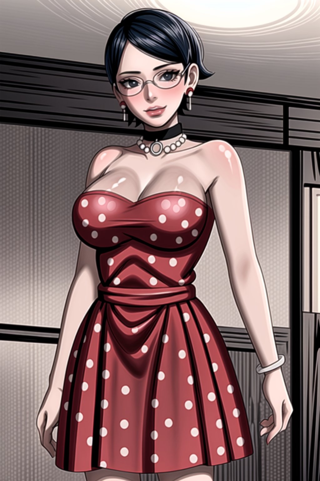 (best quality), (highly detailed), masterpiece, (official art),(sarada, black eyes, jewelry, earrings , choker, glasses, swept bangs),(Stepford),lips, makeup, lipstick,red lips,smile, (pose),(polka dot:1.4), (polka dot dress:1.4),(pearl necklace:1.2), pearl bracelet, bare shoulders,(red dress:1.2),(aroused), nose blush ,standing, big breasts, (large pearl necklace), (hoop earrings:1.2), looking at viewer, window, indoors, scenery, intricately detailed, hyperdetailed, blurry background, depth of field, best quality, masterpiece, intricate details, tonemapping, sharp focus, hyper detailed, trending on Artstation, 1 girl, high res, official art,,<lora:659111690174031528:1.0>