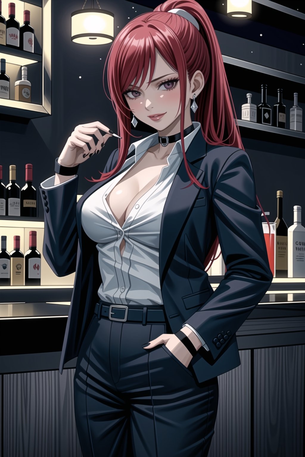 ((best quality)),  ((highly detailed)),  masterpiece,1girl, 1girl, (lips:1.2), seductive smile, smirk, naughty_face,nail polish, solo,   black pants,  formal,  black jacket,  open jacket,  (white shirt),  belt, ,  black jacket, (black suit),  long sleeves,  shirt tucked in,, (black choker), blush, earrings, black nails, looking at viewer, standing, cowboy shot, fingernails,  bar,outdoor,lamp,nigth,space, alcohol, sexy pose:1.2, purple nails, wristband, erzascarlet, red hair, ponytail,<lora:659111690174031528:1.0>