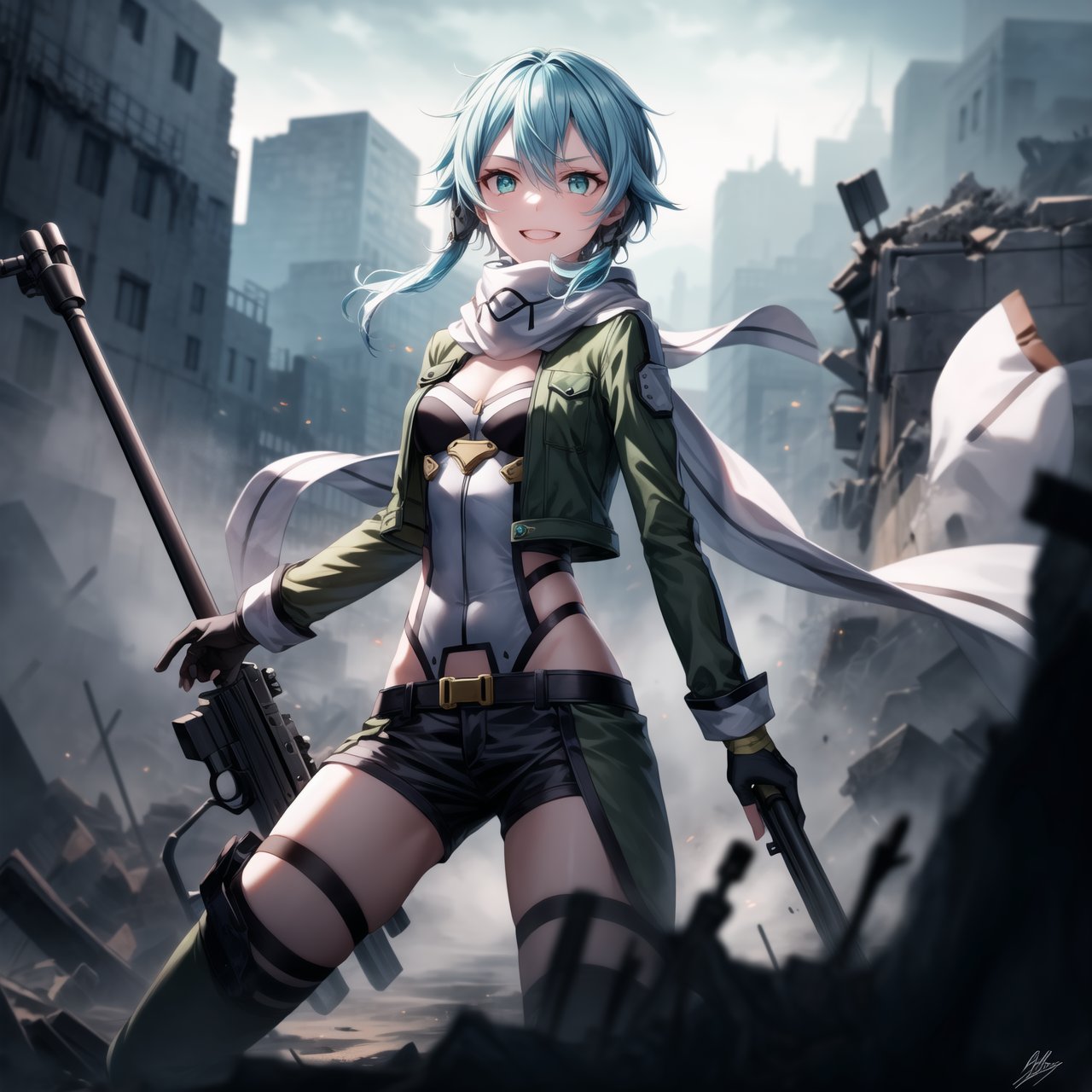 Highly detailed anime illustration of Sinon in the midst of a desolate battlefield, her blue hair whipping in the wind as she fires her sniper rifle with deadly precision. Her sharp aqua eyes, partially obscured by strands of hair, gleam with a twisted joy, and a sadistic smile spreads across her face, reflecting her dark pleasure in the chaos of combat.

sinon1 is dressed in her signature combat outfit: a green cropped jacket open at the front, revealing a white scarf that flutters as she moves. Her black shorts and fingerless gloves are practical for the fight, while her sniper rifle is held firmly, aimed with unwavering focus. The rifle's muzzle flashes brightly, illuminating the battlefield in sharp, cold light.

The surrounding environment is bleak and war-torn, with crumbling structures and a cloudy, dark sky overhead, adding to the tension and intensity of the scene. The ground is littered with debris, evidence of the ongoing conflict. Shadows and light play across her form, emphasizing her role as a hunter in this grim setting.

Despite the devastation around her, Sinon’s sadistic smile and the gleam in her eyes make it clear she relishes the battle, her laughter echoing amidst the destruction. Every shot she takes is precise, her enjoyment of the fight apparent in every detail of her expression and posture.

Key Details:

The sniper rifle is depicted in high detail, with visible muzzle flash and recoil captured mid-shot.
Sinon's expression is the focal point, her sadistic smile and bright, crazed eyes adding a layer of psychological depth.
The battlefield is grim, with dark, moody lighting that contrasts with the bright flashes of gunfire.
Her pose is dynamic, with the rifle held steady as she fires, her body language exuding confidence and delight in the violence.
The overall atmosphere is dark and intense, highlighting Sinon's enjoyment of the chaos and her role as a formidable sniper in the heat of battle.