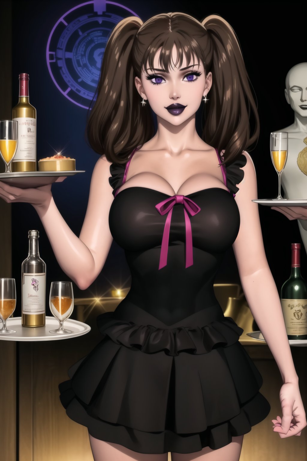 (best quality), (highly detailed), masterpiece, (official art),  diane,twintails, brown hair ,purple eyes, solo, smile, lips:1.2, black lips:1.4, lipstick:1.2, beautiful 1girl wearing a earthy black (idol dress:1.3), idol ,layered skirt, frills, ribbon, bow, sequins, looking at viewer, (state, state ligth, neon lights), ,,hd quality, perfect face ,realistic, realistic body , perfect face sync, StandingAtAttention,,b1mb0, holding tray, tray, alcohol