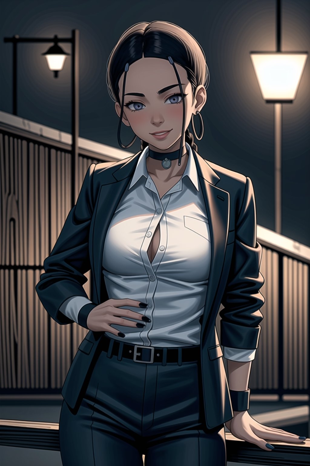 ((best quality)),  ((highly detailed)),  masterpiece,1girl, 1girl, (lips:1.2), seductive smile, smirk, naughty_face,nail polish, solo,   black pants,  formal,  black jacket,  open jacket,  (white shirt),  belt, ,  black jacket, (black suit),  long sleeves,  shirt tucked in,, (black choker), blush, earrings, black nails, looking at viewer, standing, cowboy shot, fingernails,  bar,outdoor,lamp,nigth,space, alcohol, sexy pose:1.2, purple nails, wristband,katara, toned, dark skin, braid, jewelry,,,<lora:659111690174031528:1.0>