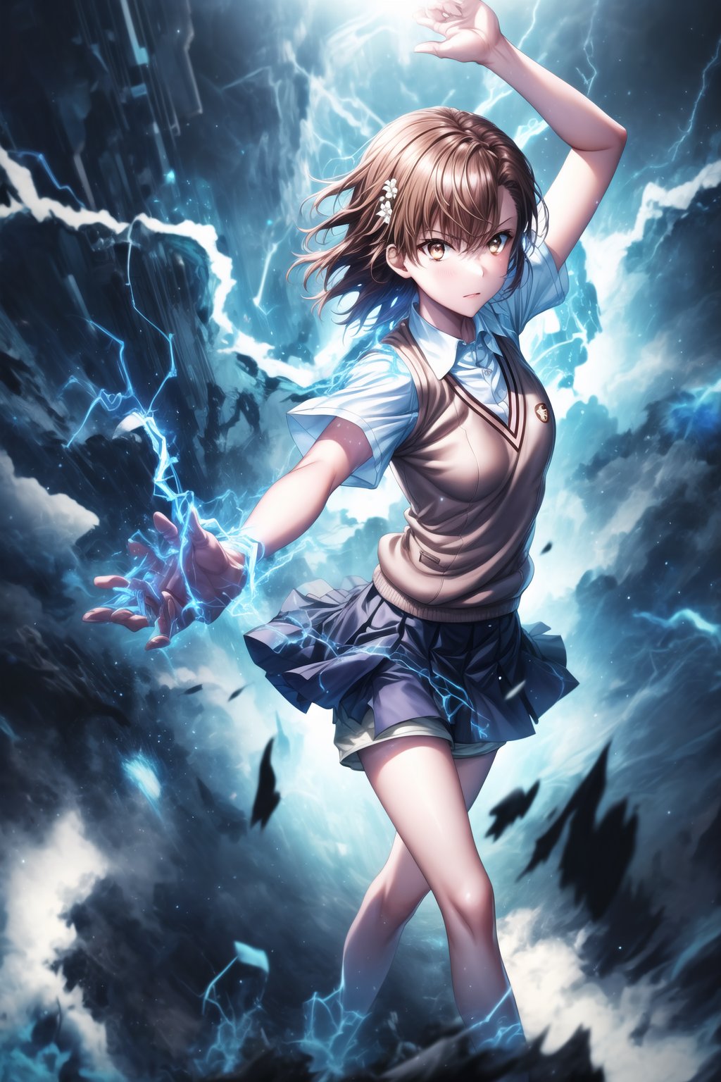 1girl, mikoto_misaka, short hair, brown hair, brown eyes, school_uniform, skirt, electricity, electric_discharge, standing, arms stretched forward, charging_attack, intense focused gaze, glowing electric energy in hands, electricity surging from fingertips, powerful shockwave forming, energy pulsing outward, GFX elements: electric aura, lightning strikes illuminating scene, neon blue electric arcs, charged particles suspended in the air, shattered ground below, glowing blue symbols floating in the air, sparks flying outwards, high-contrast lighting, intense blue flares, glowing mist around, lens flare effects from electricity, glowing circuits running through the air, cinematic energy pulse,aamikoto, hair flower, white shirt, sweater vest, short sleeves, grey skirt, shorts under skirt