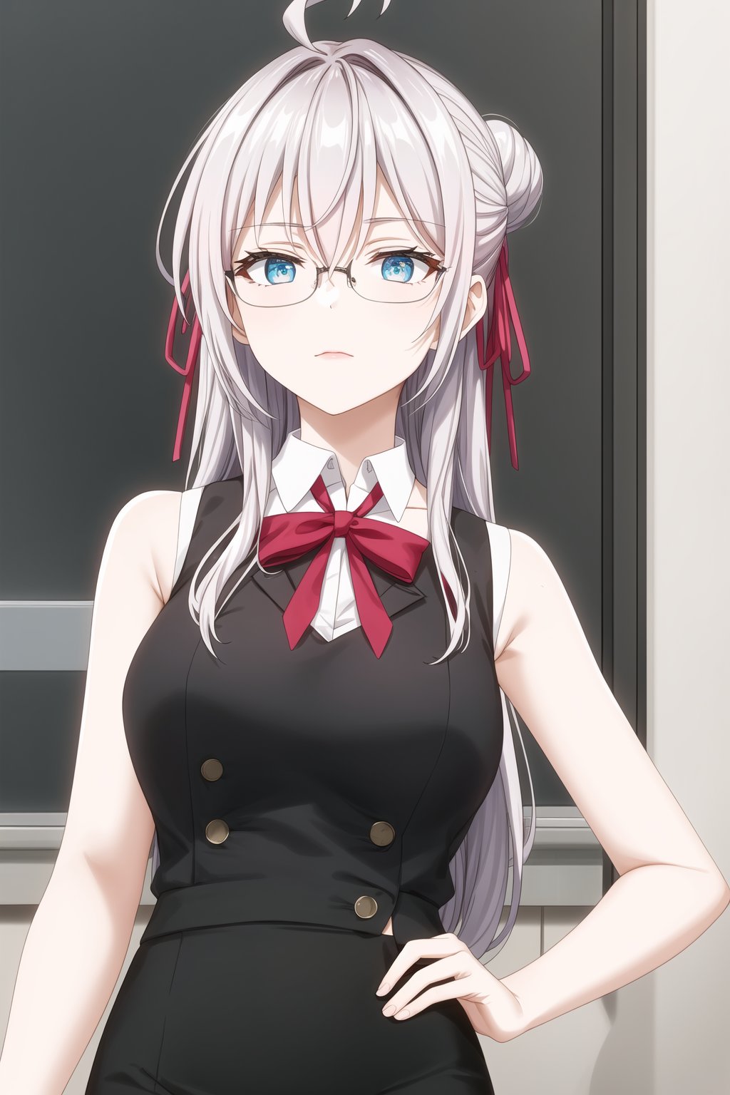 A close-up shot of alya, long hair, grey hair, blue eyes, hair between eyes, hair ribbon, red ribbon, ahoge, tShe looks elegant and professional. She is wearing a sleeveless, high-necked blouse, all black, which fits her figure in a stylish way. She pairs it with a high-waisted pencil skirt with a black and white geometric pattern, which gives her a modern and sophisticated touch. In addition, she wears dark-framed glasses that complement her office look. Her hair is tied up in a high bun, which adds an air of formality and professionalism to the outfit.