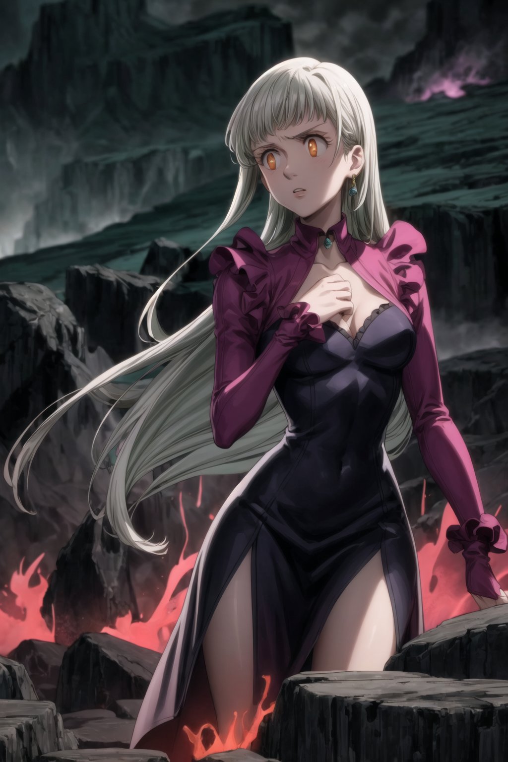 Elizabeth, black hair, lips, ruler of hell, stands as a malevolent dictator, her long hair flowing like darkness itself, gradient from white to dark, framing her cold gaze. Her elaborate gown, adorned with sinister symbols and glowing red accents, reflects her dominance and cruelty. The background features a hellish landscape: rivers of lava, jagged rocks, tormented souls, and dark clouds with lightning. Eerie, red and black glows illuminate the scene, capturing the dark and oppressive atmosphere of her dominion.