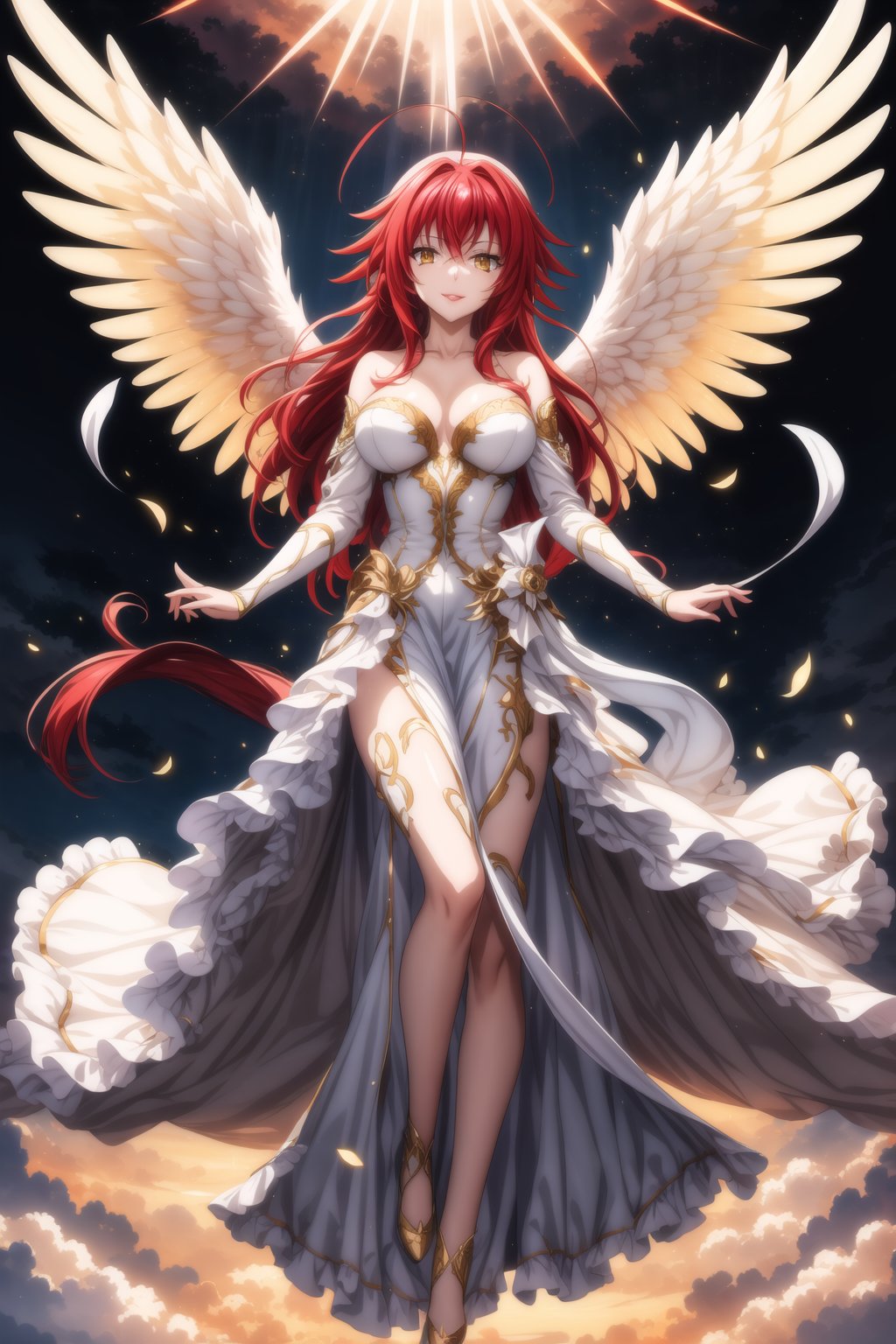 (best quality), (highly detailed), masterpiece, (official art), Rias Gremory as a serene angel, lips smile, with long flowing red hair and a delicate ahoge, luminous white wings spread wide behind her. She is wearing a simple, elegant white gown that flows gracefully around her, softly billowing as she floats in the sky. Rias stands with her arms gracefully open, as if welcoming you with a serene and benevolent presence, her yellow eyes. Rays of divine light shine down from the heavens, illuminating her figure, while she hovers among soft, glowing clouds. The sky is a serene blend of soft pastels, with golden rays breaking through, creating a heavenly and peaceful atmosphere. Her wings emit a gentle, ethereal light, adding to her angelic presence.