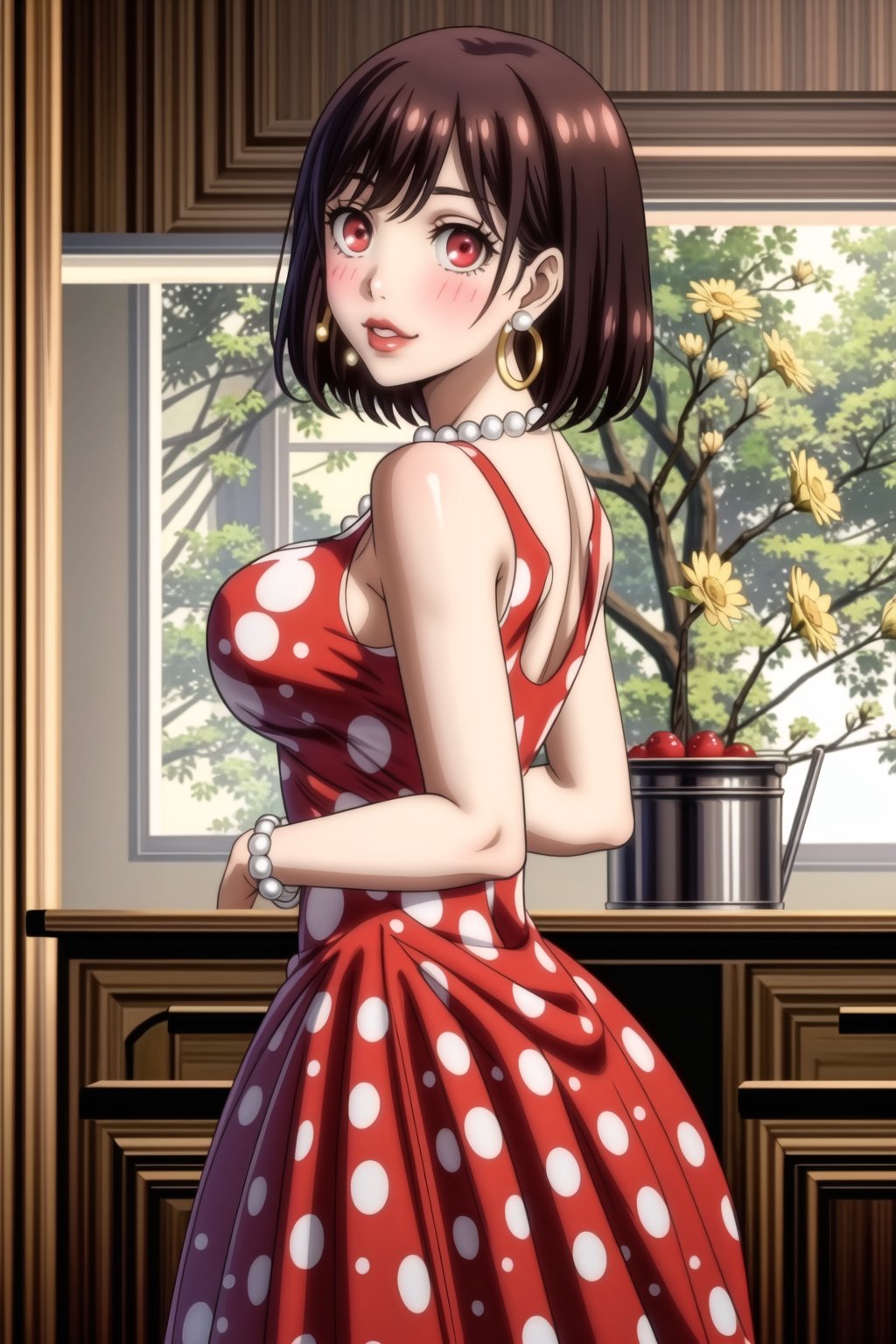 ((best quality)),  ((highly detailed)),  masterpiece,1girl, 1girl,  seductive smile, solo,   (Stepford),lips, makeup, lipstick,red lips, (pose),(polka dot:1.4), (polka dot dress:1.4),(pearl necklace:1.2), pearl bracelet, bare shoulders,(red dress:1.2),aroused, blush ,standing,  (large pearl necklace), (hoop earrings:1.2), looking at viewer, standing, cowboy shot, kitchen, cooking, indoors, house, windows, cortain, food ,RaeTaylor,red eyes, short hair, brown hair,ass, ass focus, looking back,,<lora:659111690174031528:1.0>