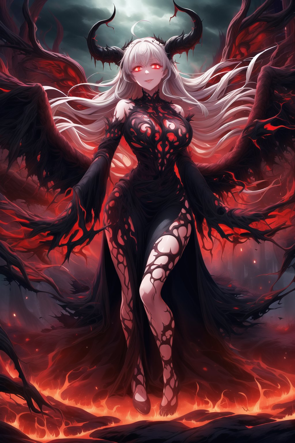 A masterpiece of dark fantasy: elizabeth, malevolent demon, lips curled into an evil smile, long flowing white hair cascading down her back like a fiery waterfall. Her delicate ahoge and intricate black gown billow softly as she floats amidst hell's fiery depths. Black wings spread wide behind her, emitting a darkness-infused light that adds to her ominous presence. Red eyes gleam with malevolent intent as she stands poised, arms outstretched in a violent welcome. Softly glowing fire illuminates her figure, while rays of dark light pierce the heavens above, casting an eerie glow on Rias' demonic form. The hellish landscape before her is bathed in red hues, as if infernal flames are breaking through to create this haunting atmosphere.