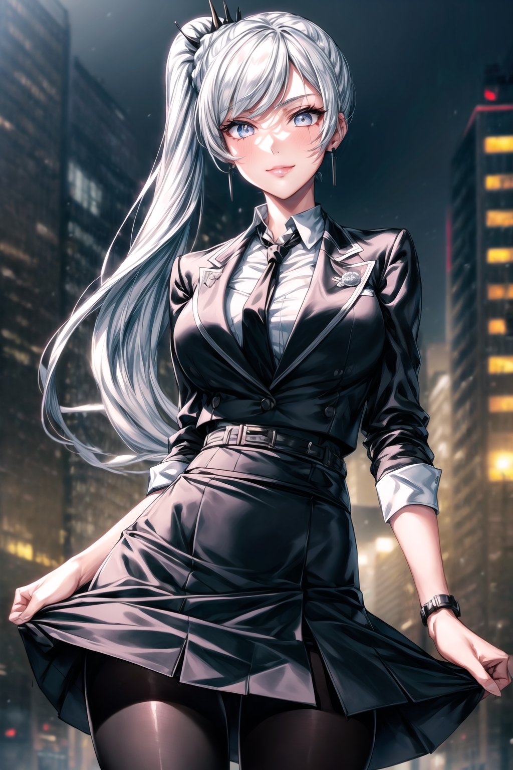 ((best quality)), ((highly detailed)), masterpiece, ((official art)),weiss schnee, side ponytail, scar across eye,white hair,outdoors,city,(glowing eyes),(floating hair),(high-waist skirt:1.2),(black skirt:1.2),(black necktie:1.1),(seductive smile),(closed mouth),(lips:1.2),jewelry, wristwatch, skirt, solo, (cowboy shot:1.2),standing, pencil skirt,  belt, (earrings:1.1), collared shirt, ,office lady,(formal:1.1), shirt tucked in, (skirt suit),black pantyhose, dress shirt, intricately detailed, hyperdetailed, blurry background,depth of field, best quality, masterpiece, intricate details, tonemapping, sharp focus, hyper detailed, trending on Artstation,1 girl, high res, official art,beautiful detailed eyes