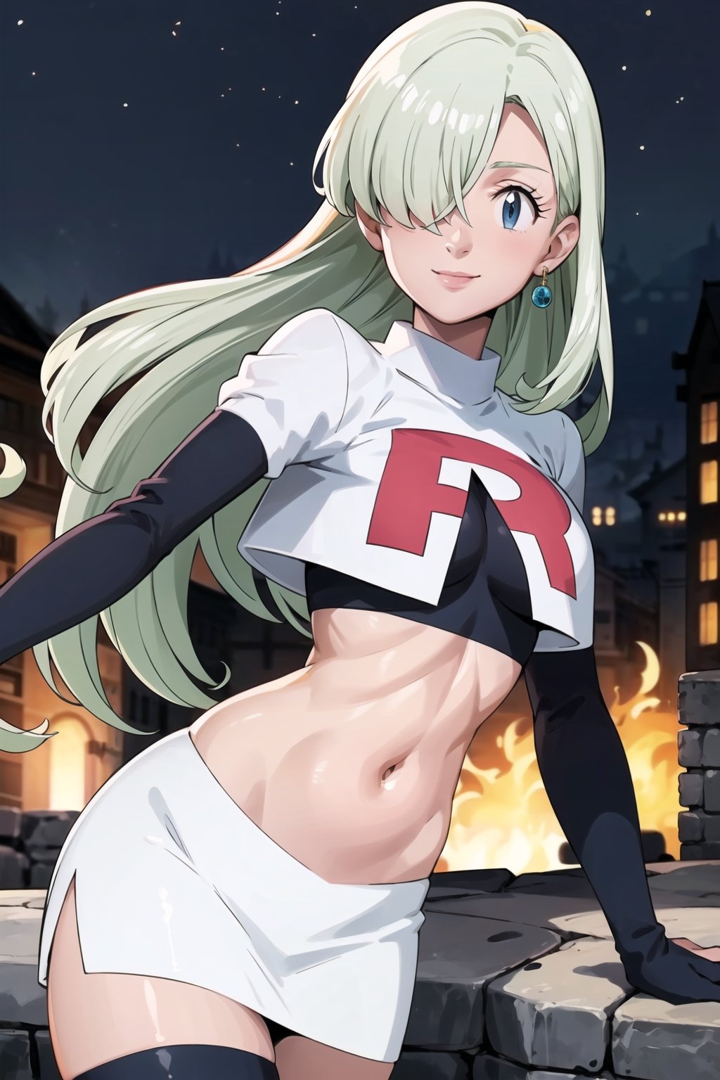 (best quality), (highly detailed), masterpiece, (official art), elizabeth, long hair, blue eyes, white hair, hair over one eye, single earring, posing, lips,( evil smile), Team Rocket, cropped jacket, white jacket, crop top, jacket, gloves, black gloves, elbow gloves, navel, midriff, white skirt, miniskirt, skirt, thighhighs,, looking at viewer, china, asiática, city, night, sky, (intricately detailed, hyperdetailed), blurry background,depth of field, best quality, masterpiece, intricate details, tonemapping, sharp focus, hyper detailed, trending on Artstation,1 girl, high res, official art,1girl