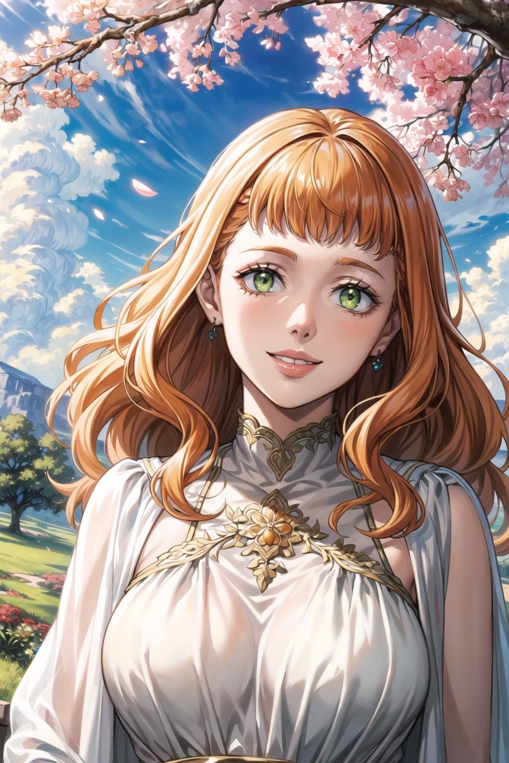 ((best quality)), ((highly detailed)), masterpiece, ((official art)), mimosa vermillion, orange hair, green eyes, floating_hair, smile, (lips), WHITE DRESS, best quality, masterpiece, intricate details, scenary, outdoors, flower, tree, day, cloud,trending on Artstation